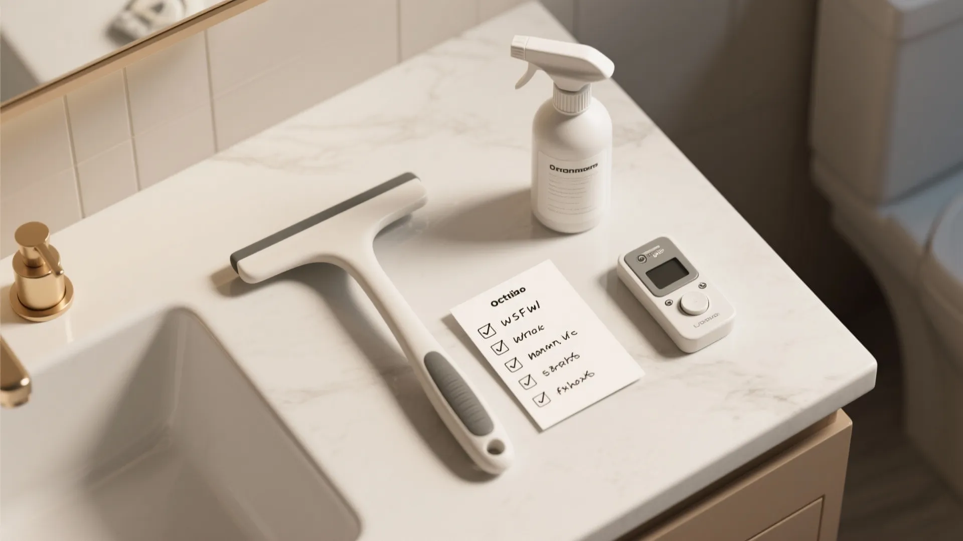 Bathroom sink area with cleaning spray bottle squeegee paper checklist and small white electronic device