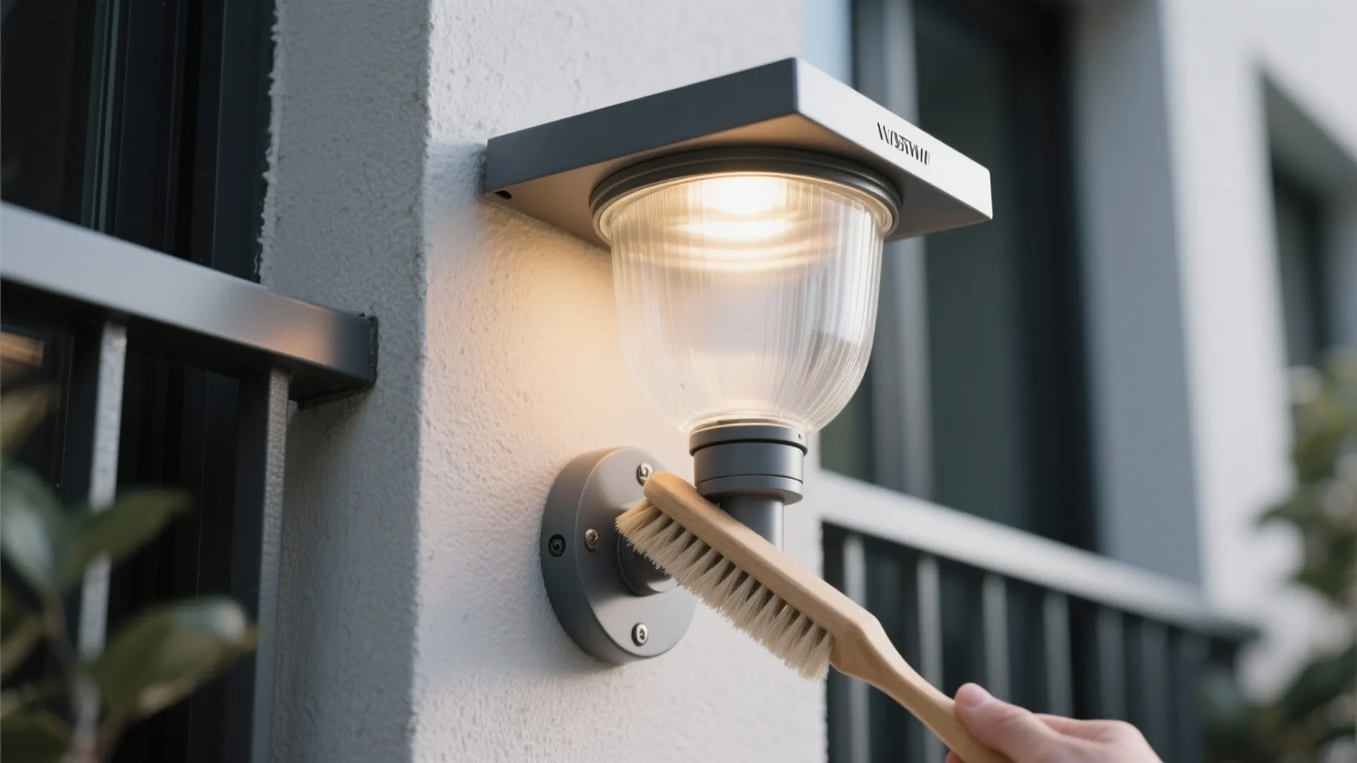 Hand using wooden brush to clean grey wall light fixture on a white exterior wall