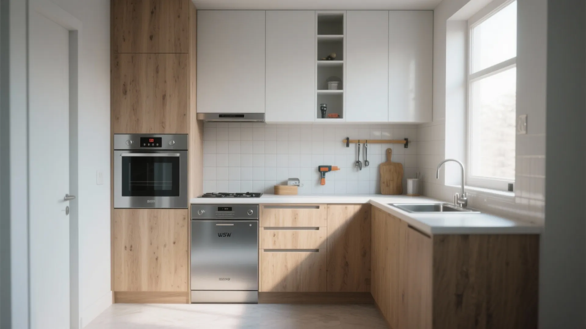 Modern kitchen with wood and white cabinets stainless steel oven dishwasher sink and large window
