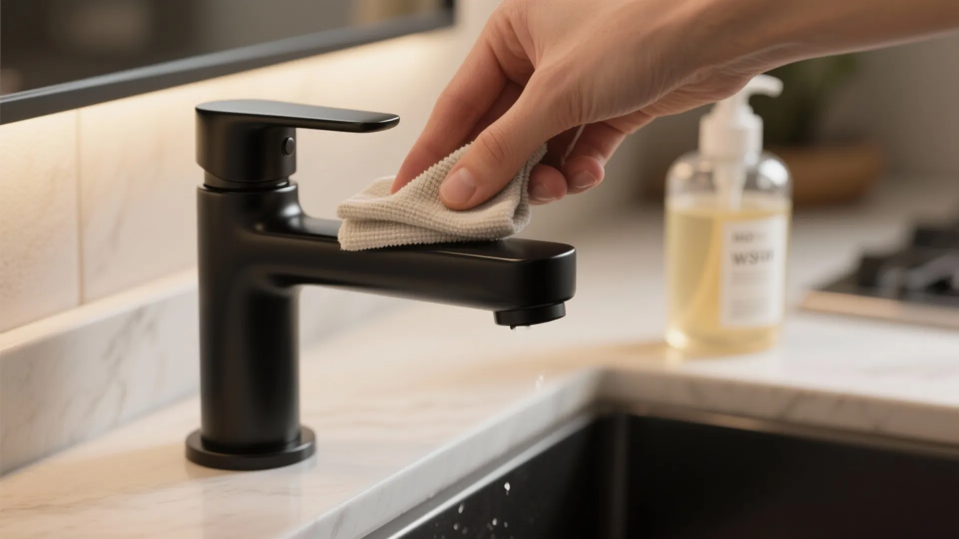 Person wiping a black kitchen faucet with a grey cloth on white marble sink countertop
