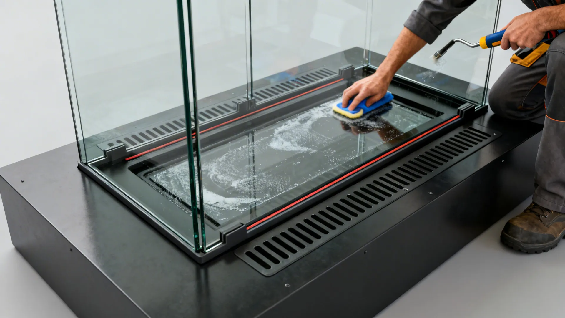 Technician cleaning a double-sided fireplace glass and inspecting vents and seals for maintenance.