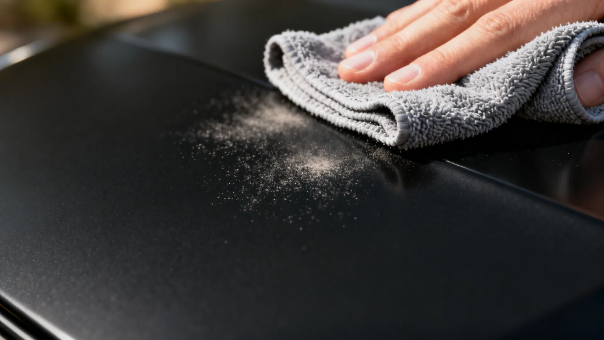 Macro shot of a microfiber cloth wiping a matte black surface next to washable fabric swatches.