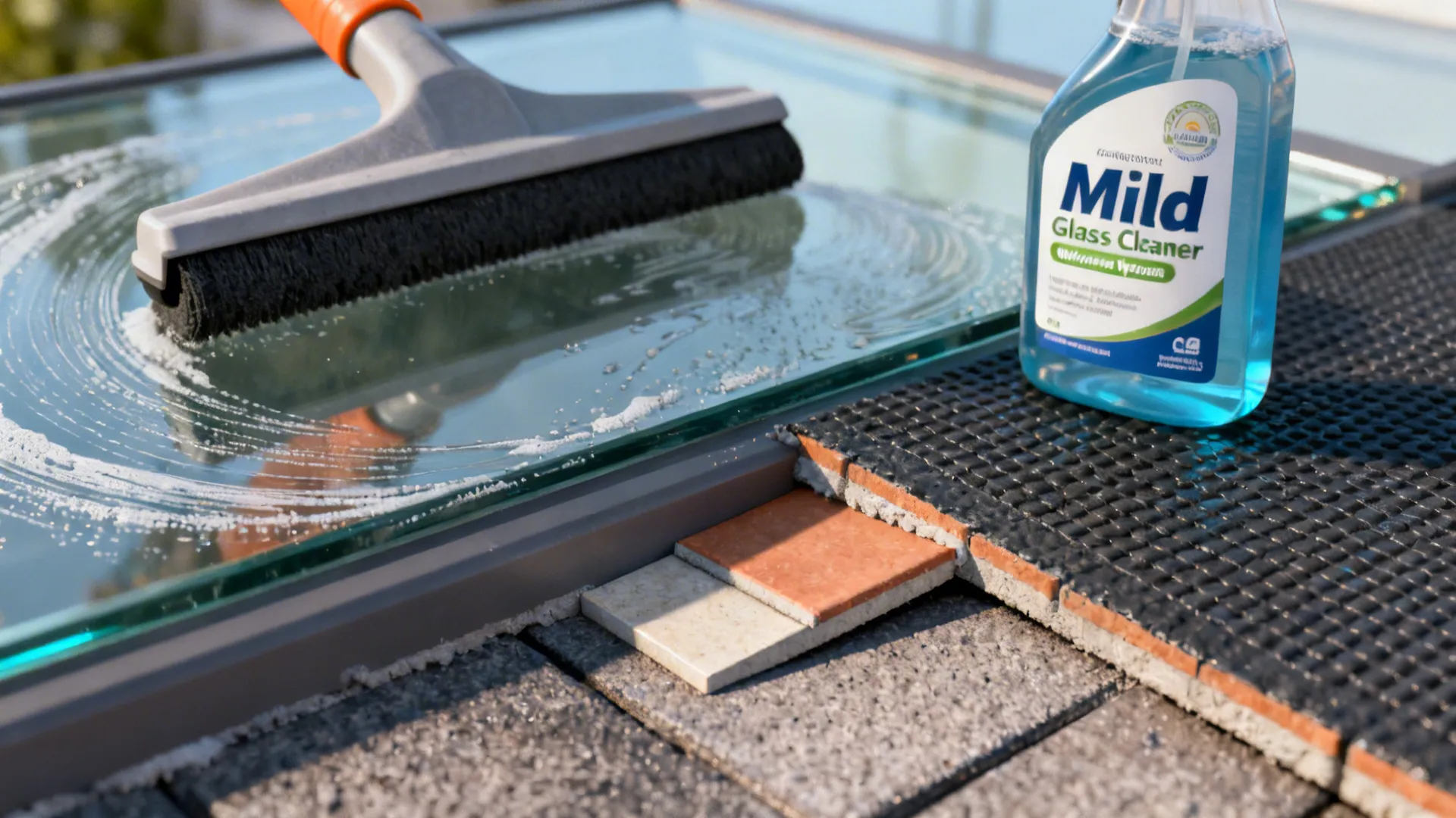 Close-up of squeegee, mild cleaner and waterproof membrane sample for frameless glass upkeep