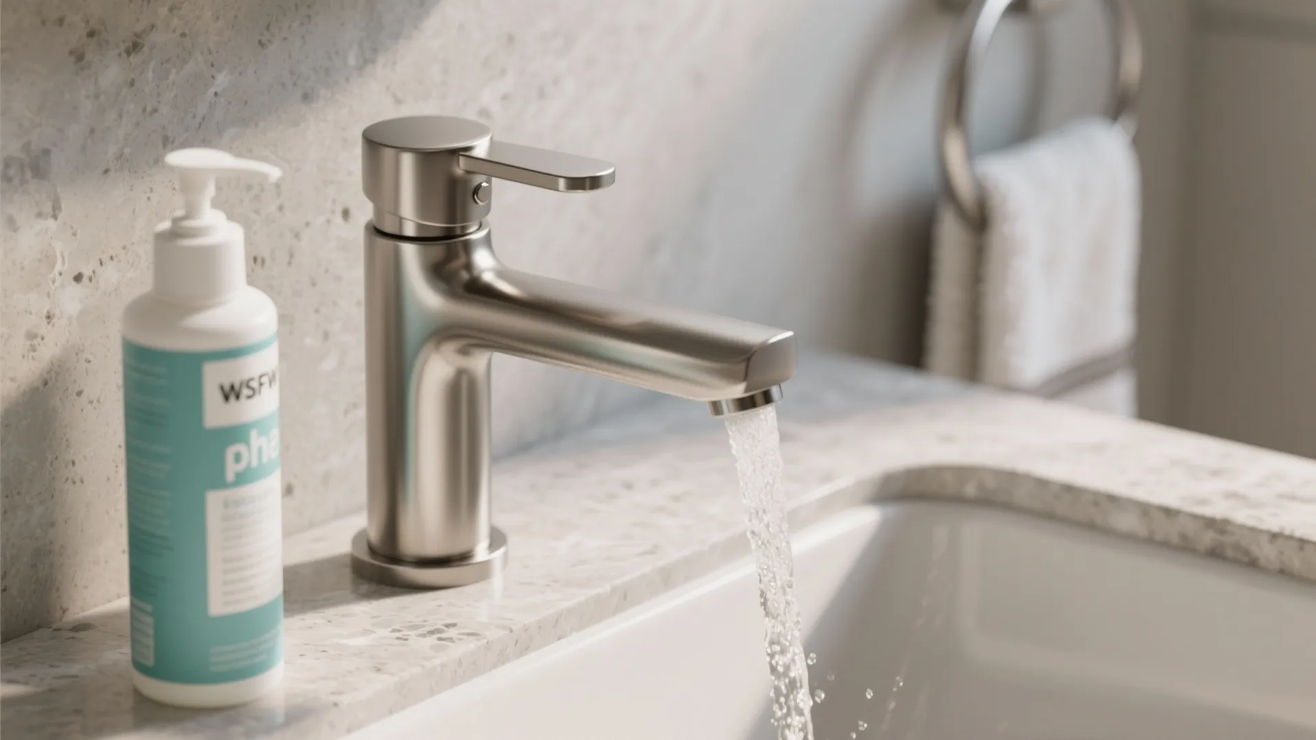 Macro of brushed nickel faucet on honed stone with a towel ring and quiet aerated flow.