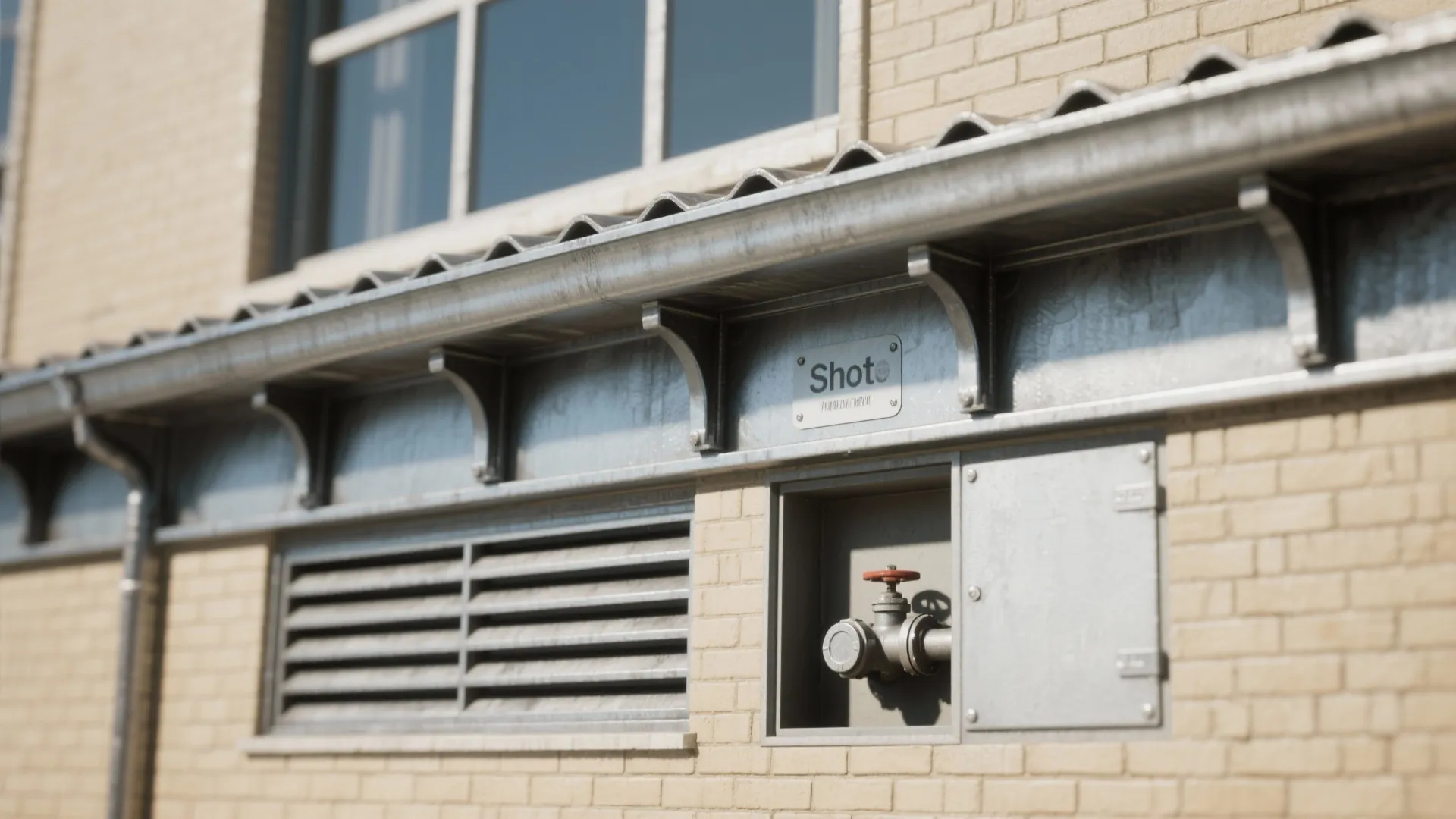 Exterior brick wall featuring a metal water pipe and valve under a grey roof gutter