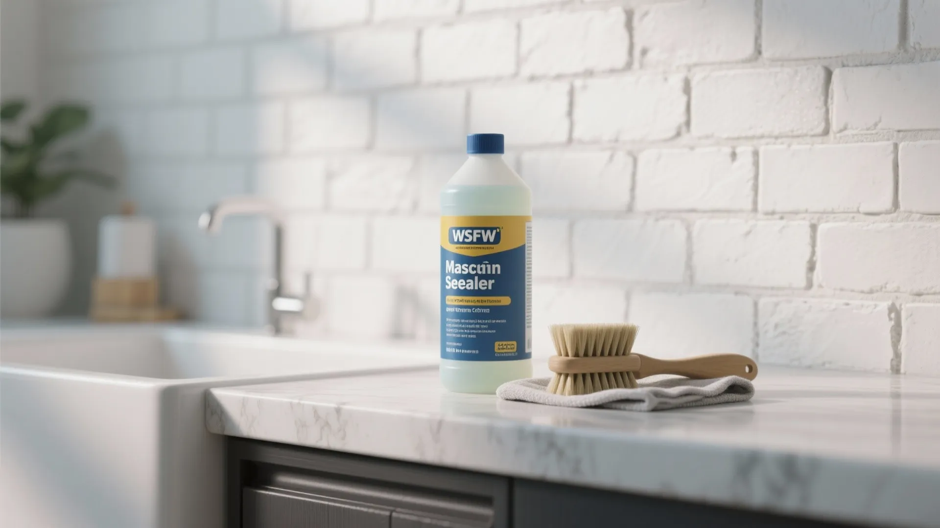 Cleaning bottle with brush and cloth on white marble counter against a white brick wall