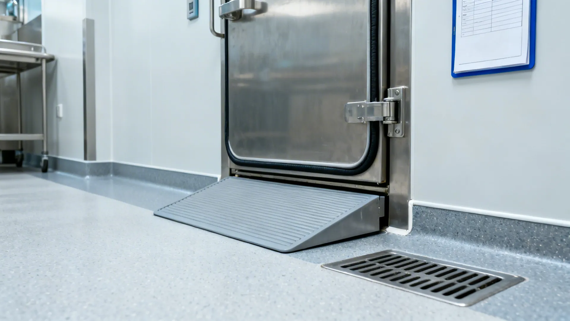 Detail views of removable kick plates, door gaskets, and non-slip flooring with drain.