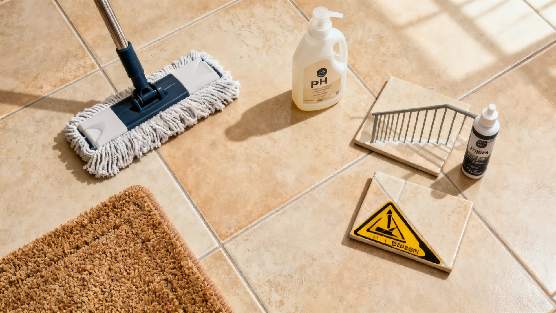 Top-down view of mop, neutral pH cleaner, doormat, and grout sealer on matte tiles.