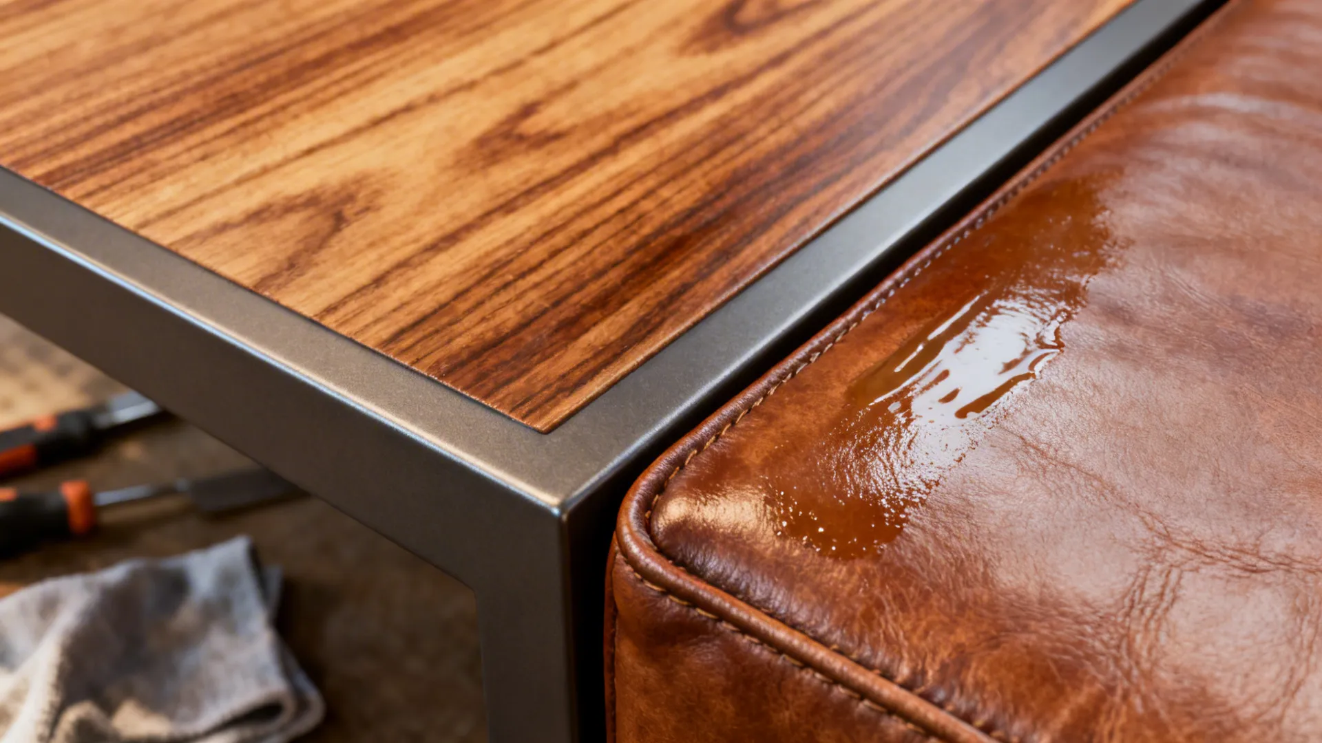 Close-up of wood veneer refinishing, powder-coated metal edge and leather conditioning in progress.