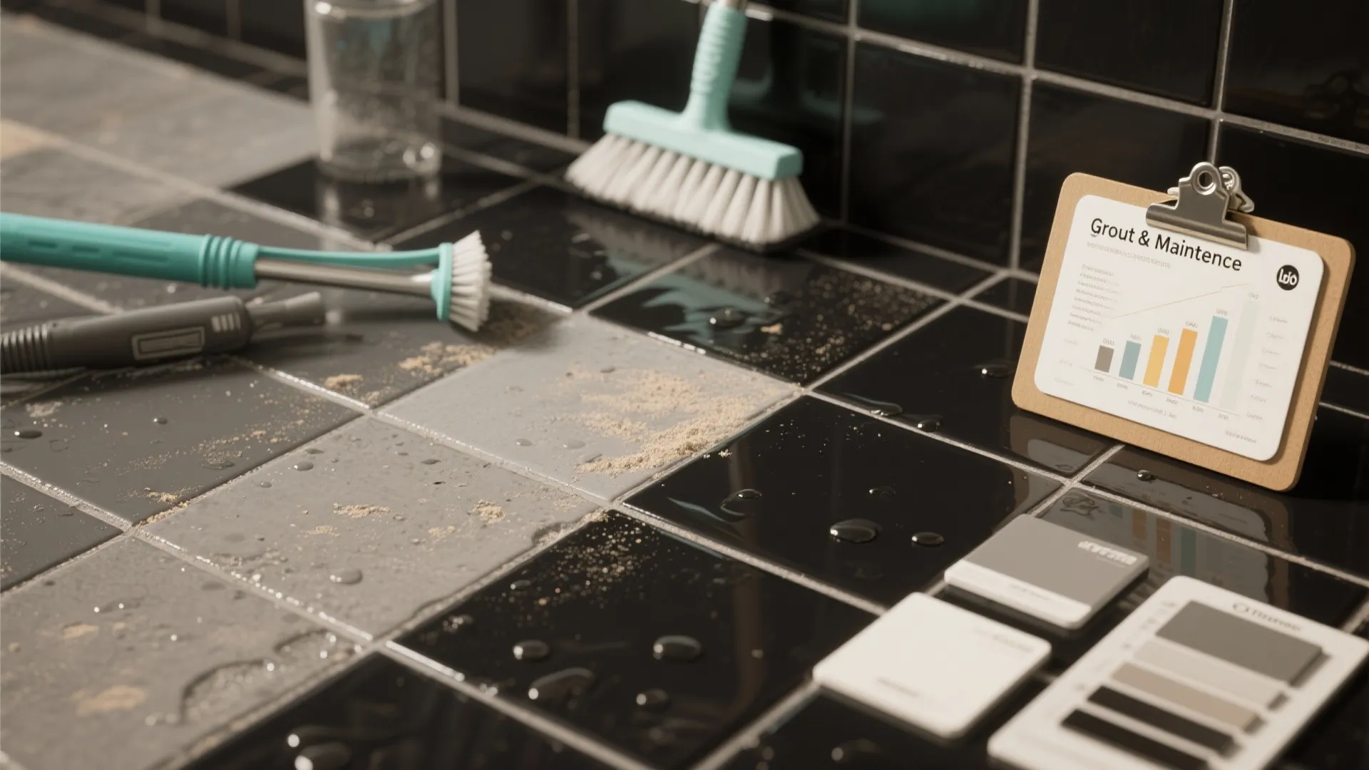 Close-up of matte and glossy black tile samples, grout swatches and cleaning tools