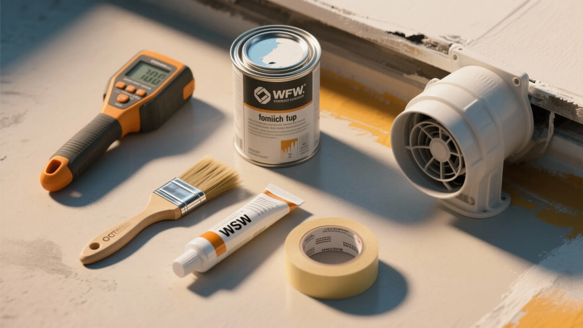 Home repair tools including paint can brush tape and digital tester on a white surface