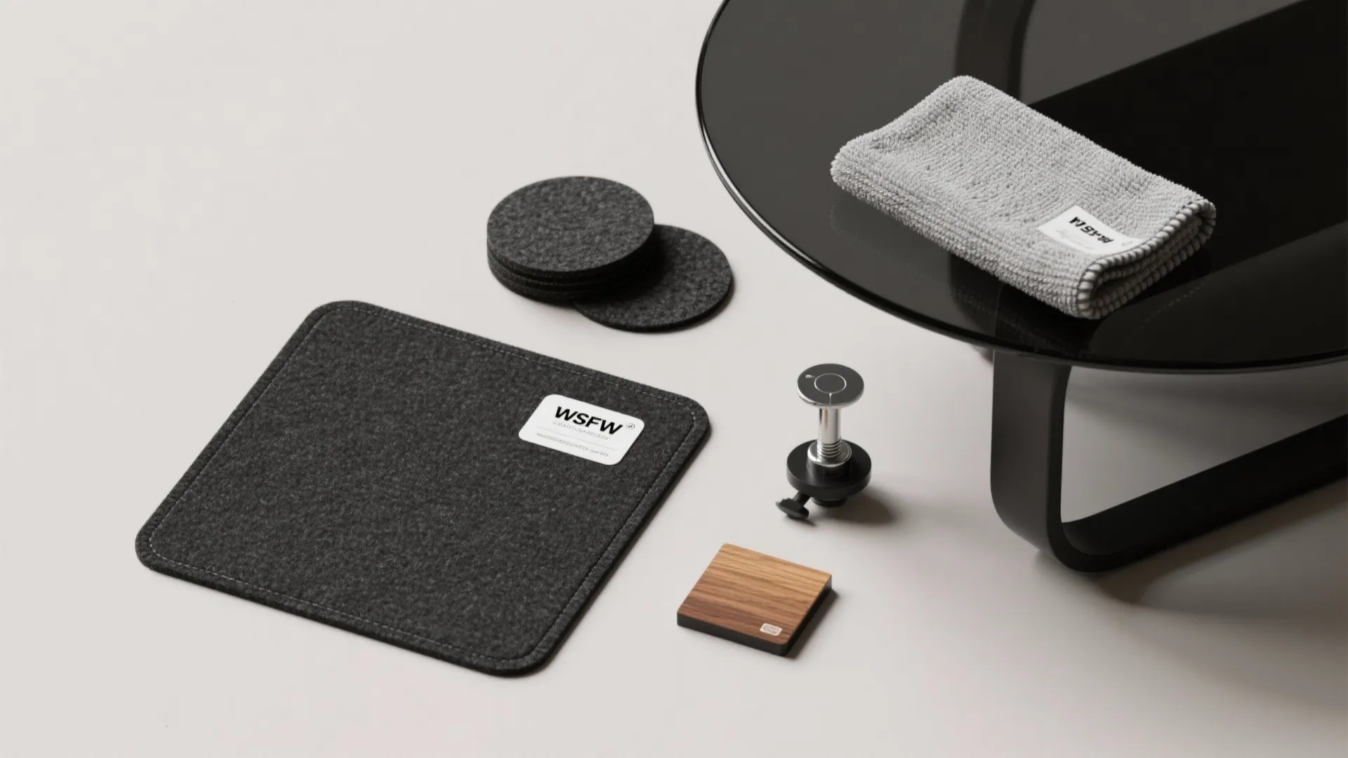 Cleaning supplies flatlay with grey cloth felt pads and maintenance tools on a light surface