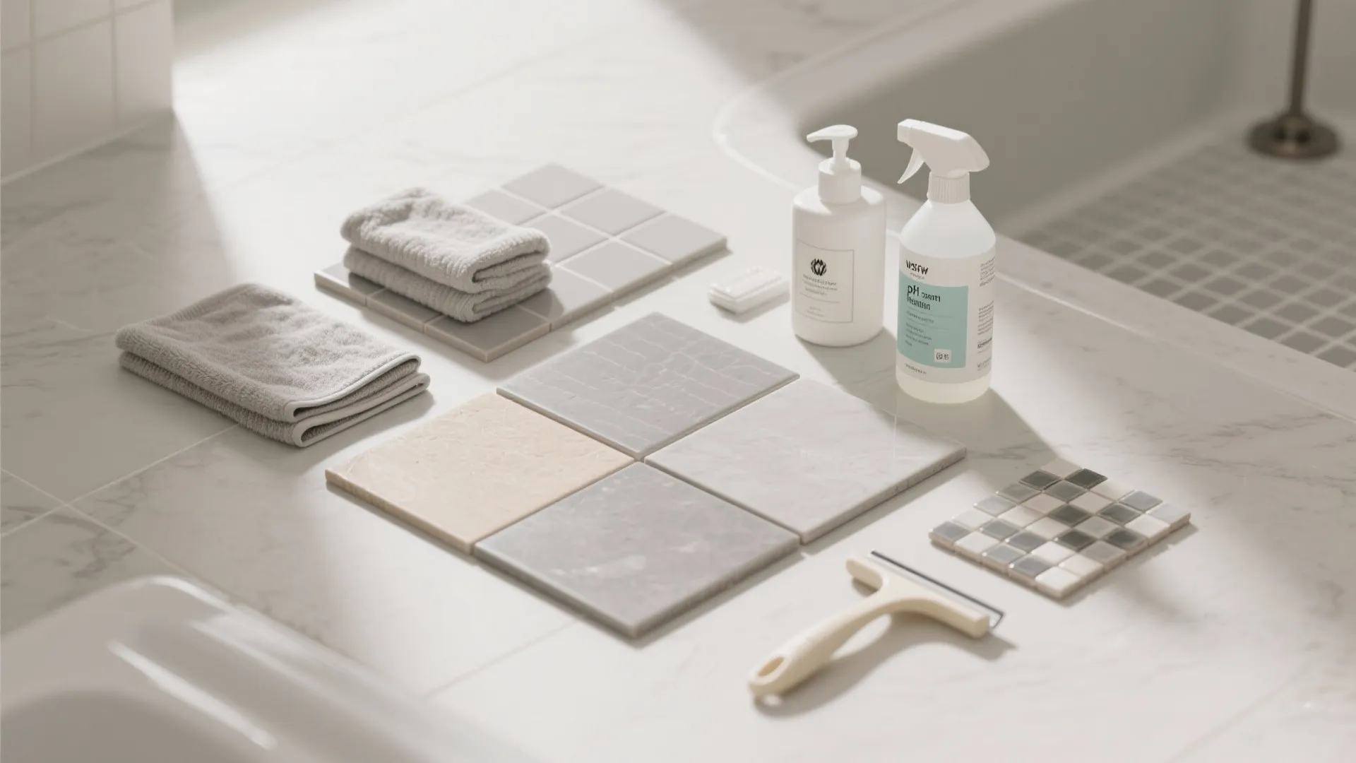 Flatlay showing bathroom floor tile samples with grey towels plus cleaning spray and white bottles