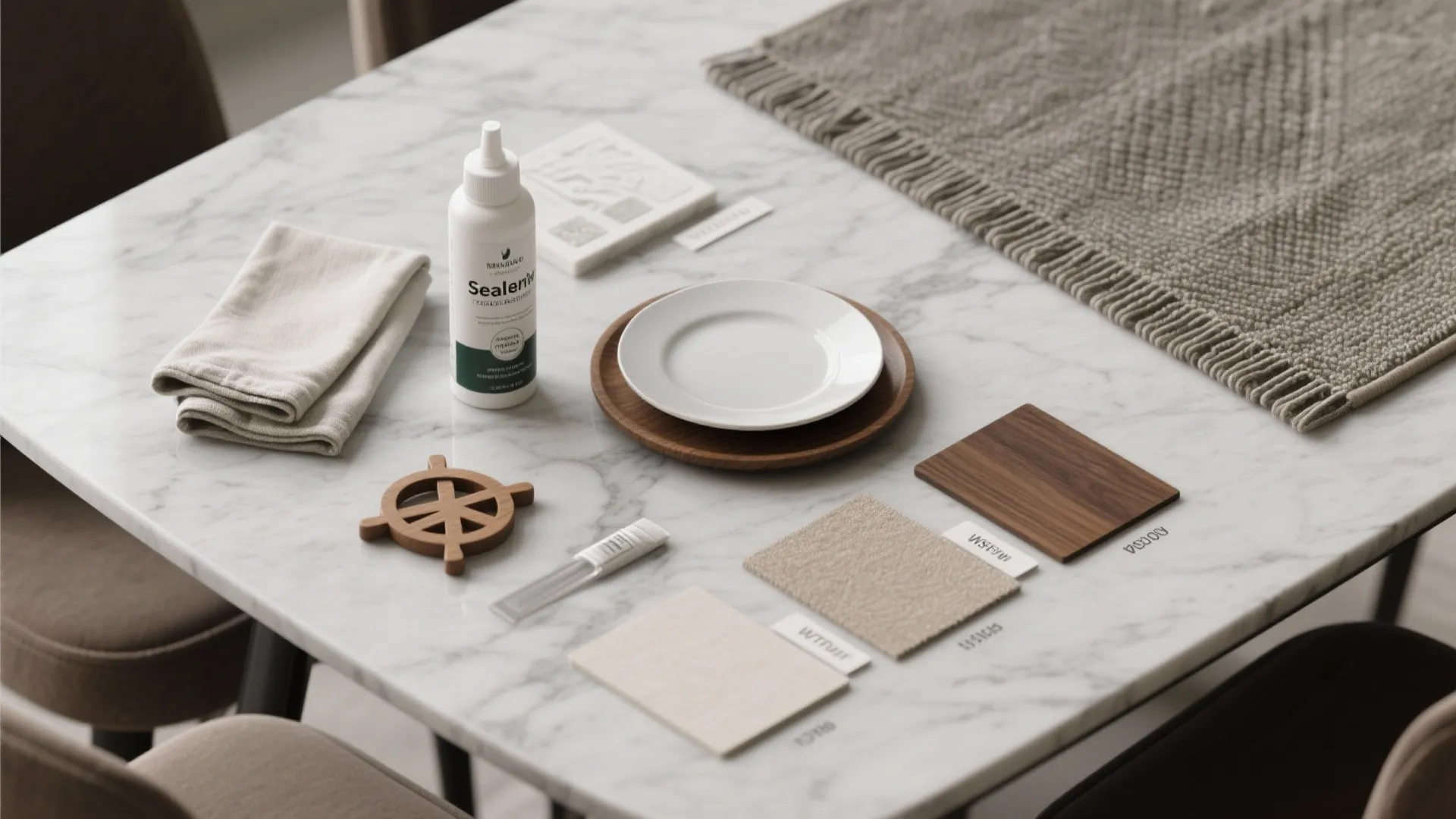 Marble tabletop flatlay showing cleaning bottle fabric samples wooden tiles small plate and a grey rug