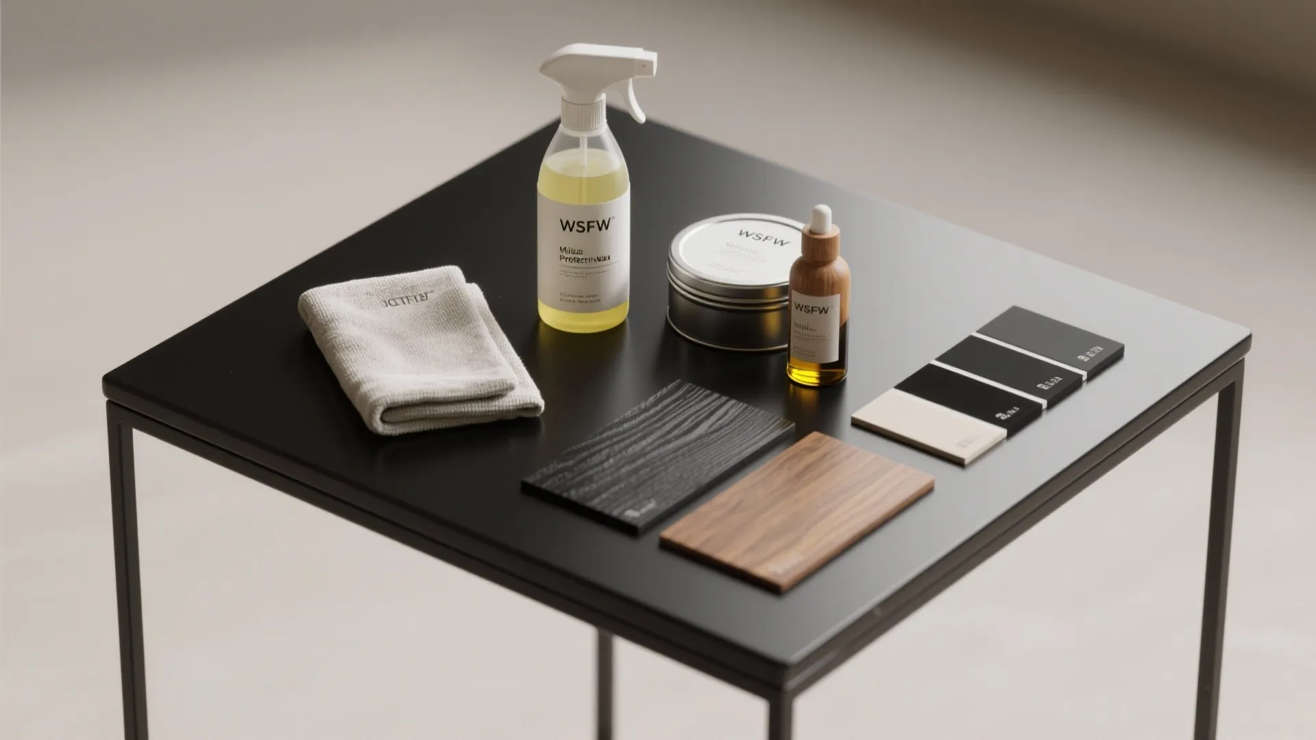 Flatlay of cleaning and protective products for maintaining black metal and wood tabletops.