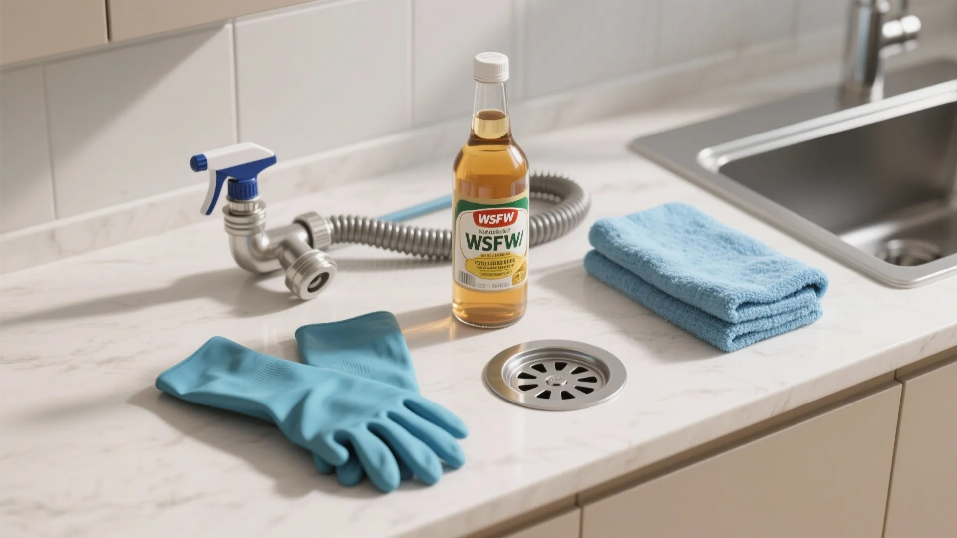 Flatlay of vinegar, gloves, plumber's snake and cloths for drain maintenance