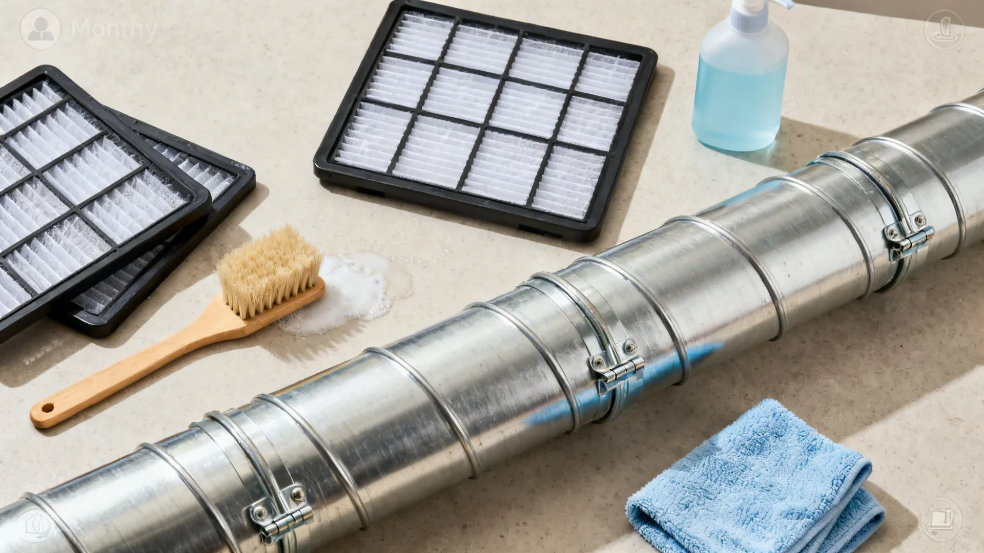 Flat lay of baffle filters, cleaning tools, and a smooth duct section with sealed joints.