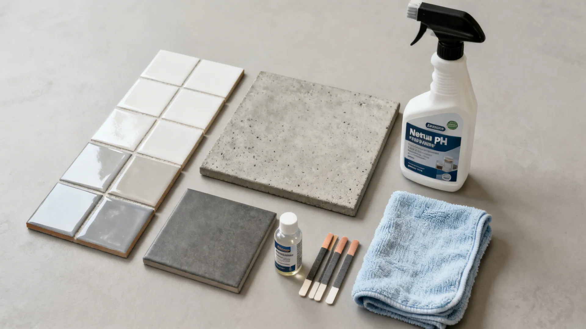 Flat lay of tile samples with neutral cleaner, cloth, grout sticks, and sealer for backsplash care.
