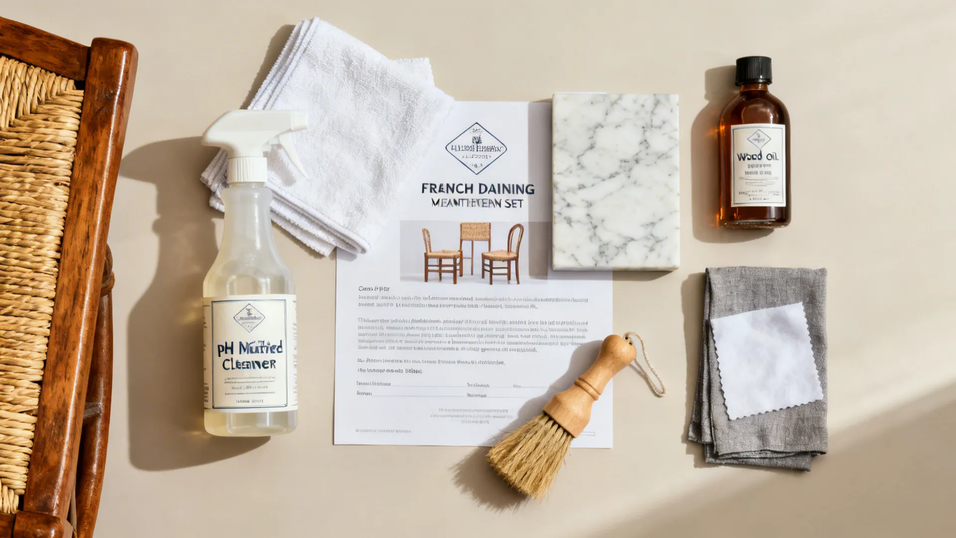 Top-down view of cleaners, cloths, wood oil, and brush for dining set care.