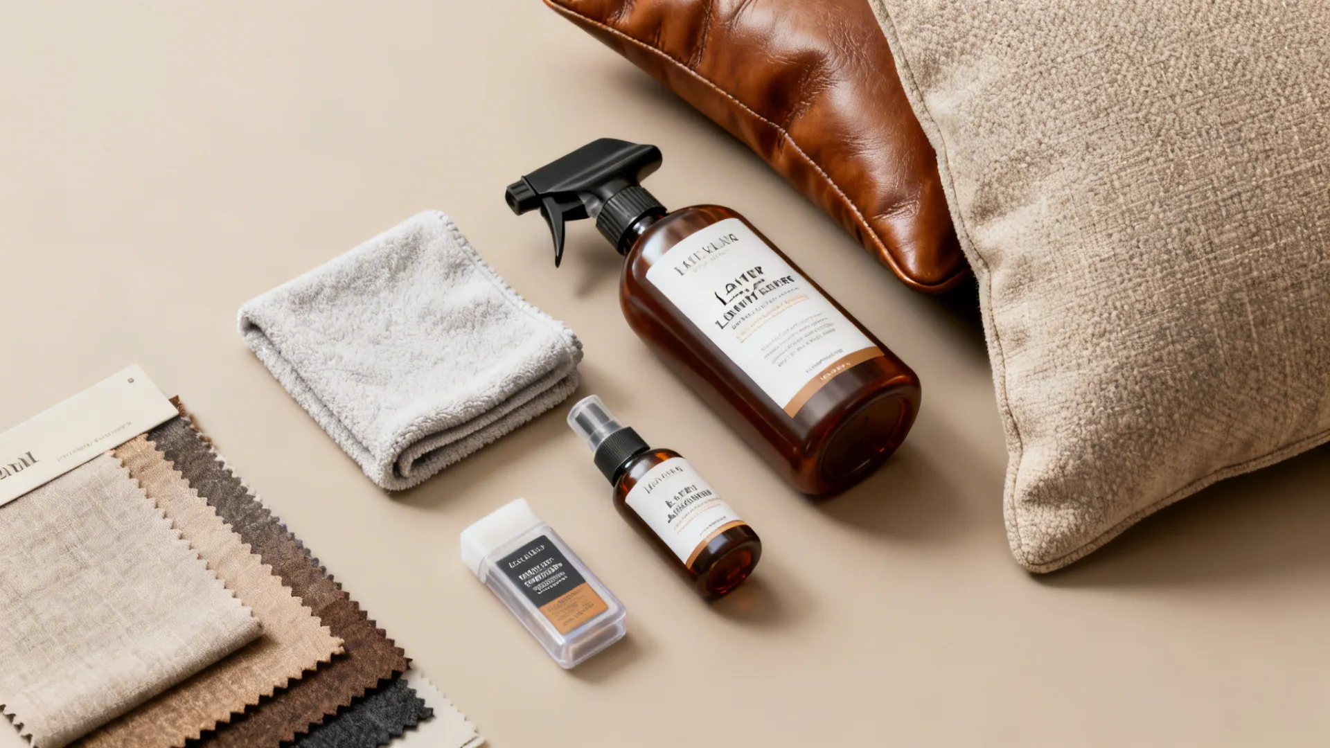 Top-down flatlay of leather cleaner, protective spray, slipcover samples and stain kit.