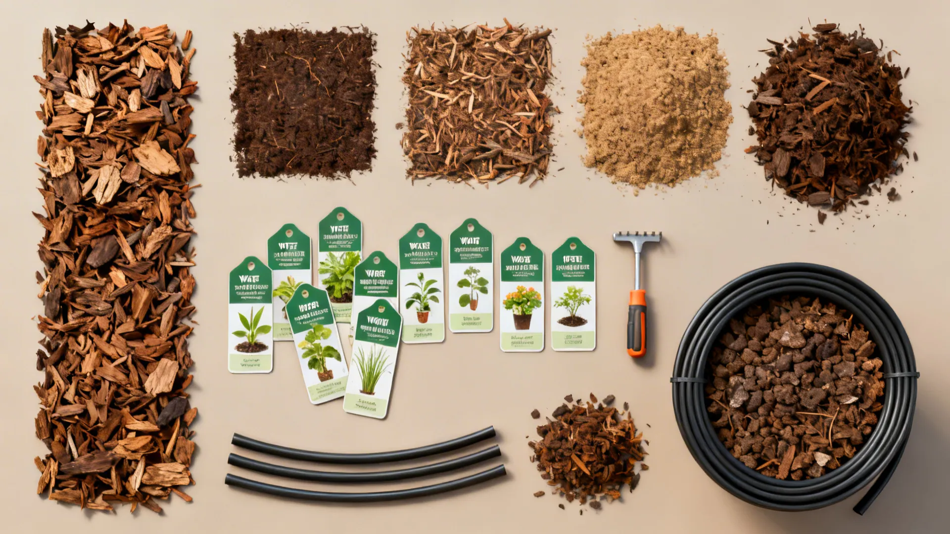 Flatlay of mulch, plant tags and drip irrigation components for narrow yard maintenance