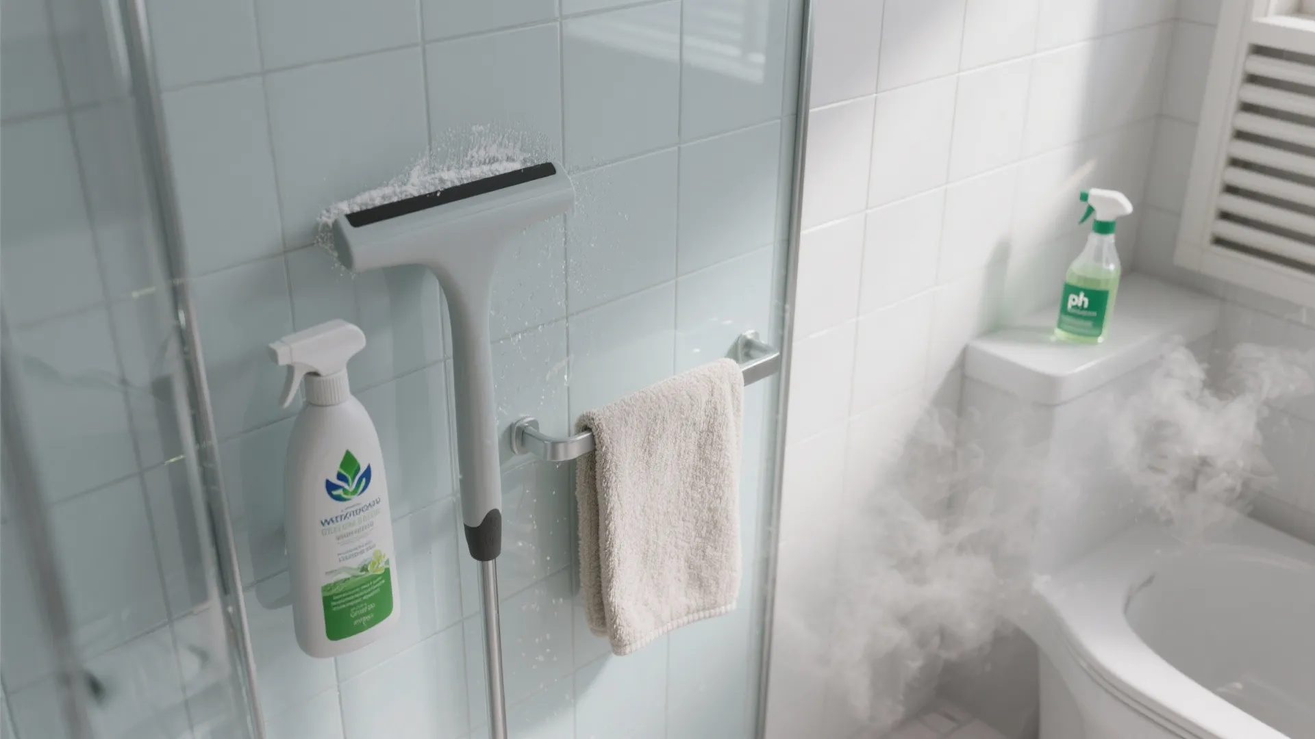 White tiled shower with squeegee and pH-neutral cleaner for easy daily upkeep.