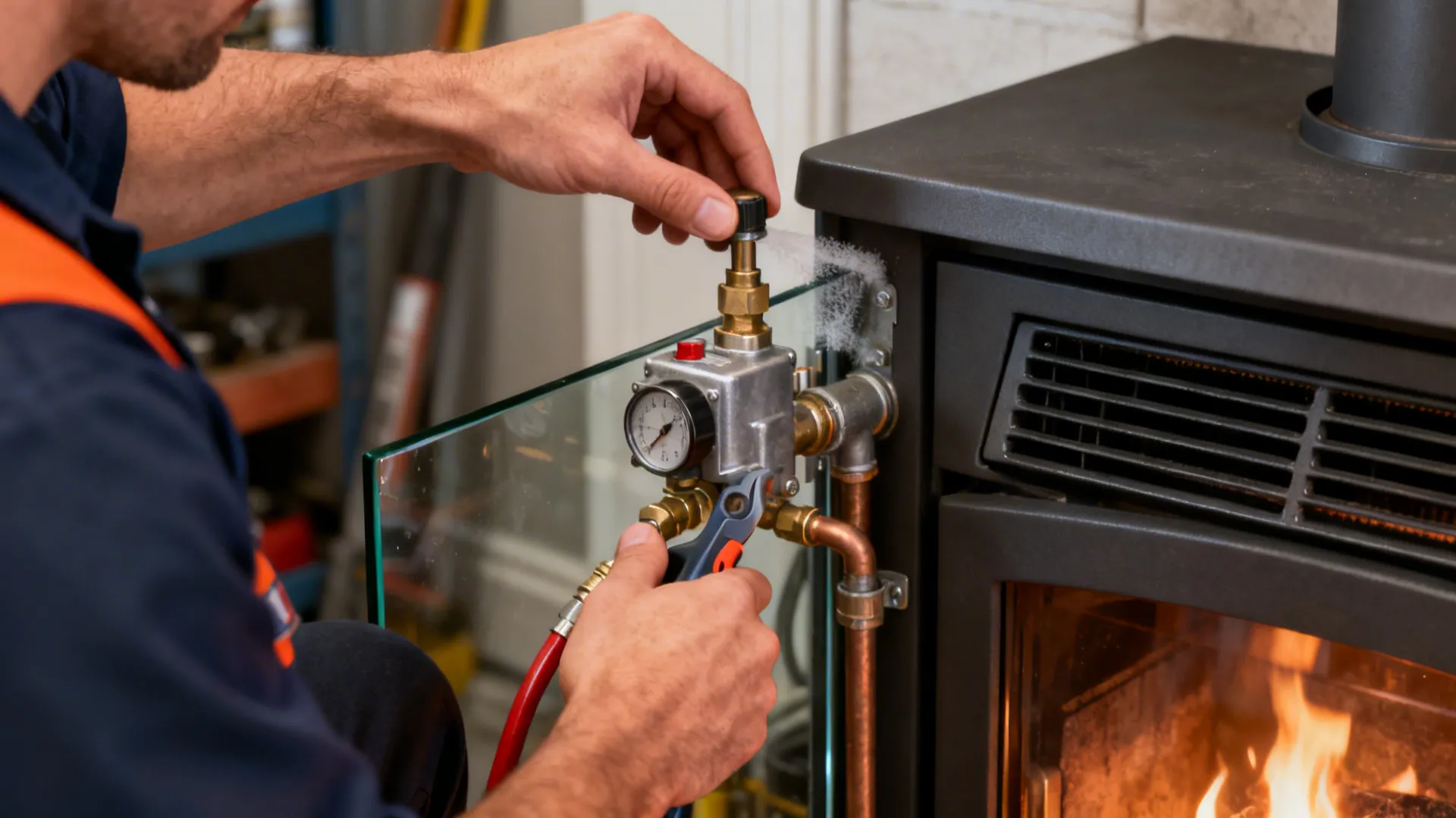 Technician using a tool to adjust the gas valve and gauge on a metal fireplace