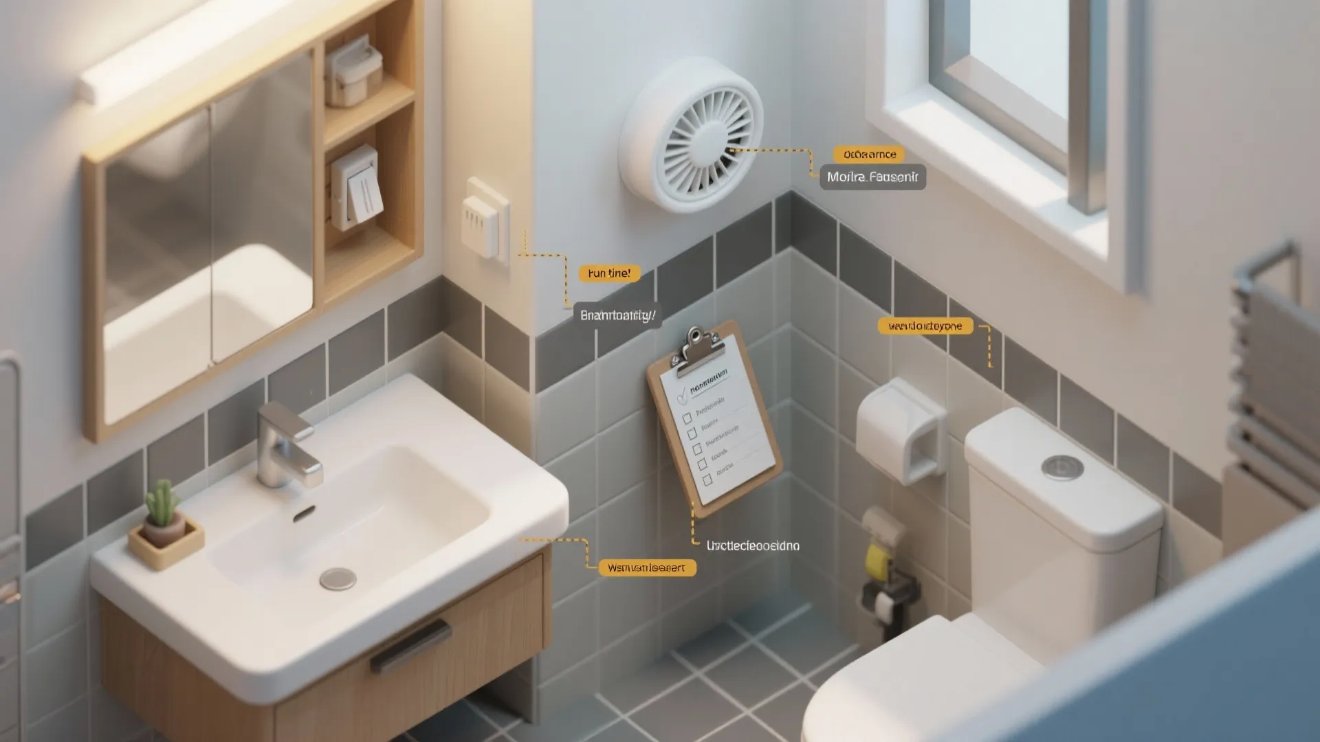 Small bathroom layout with white sink wooden cabinet grey wall tiles toilet and maintenance checklist