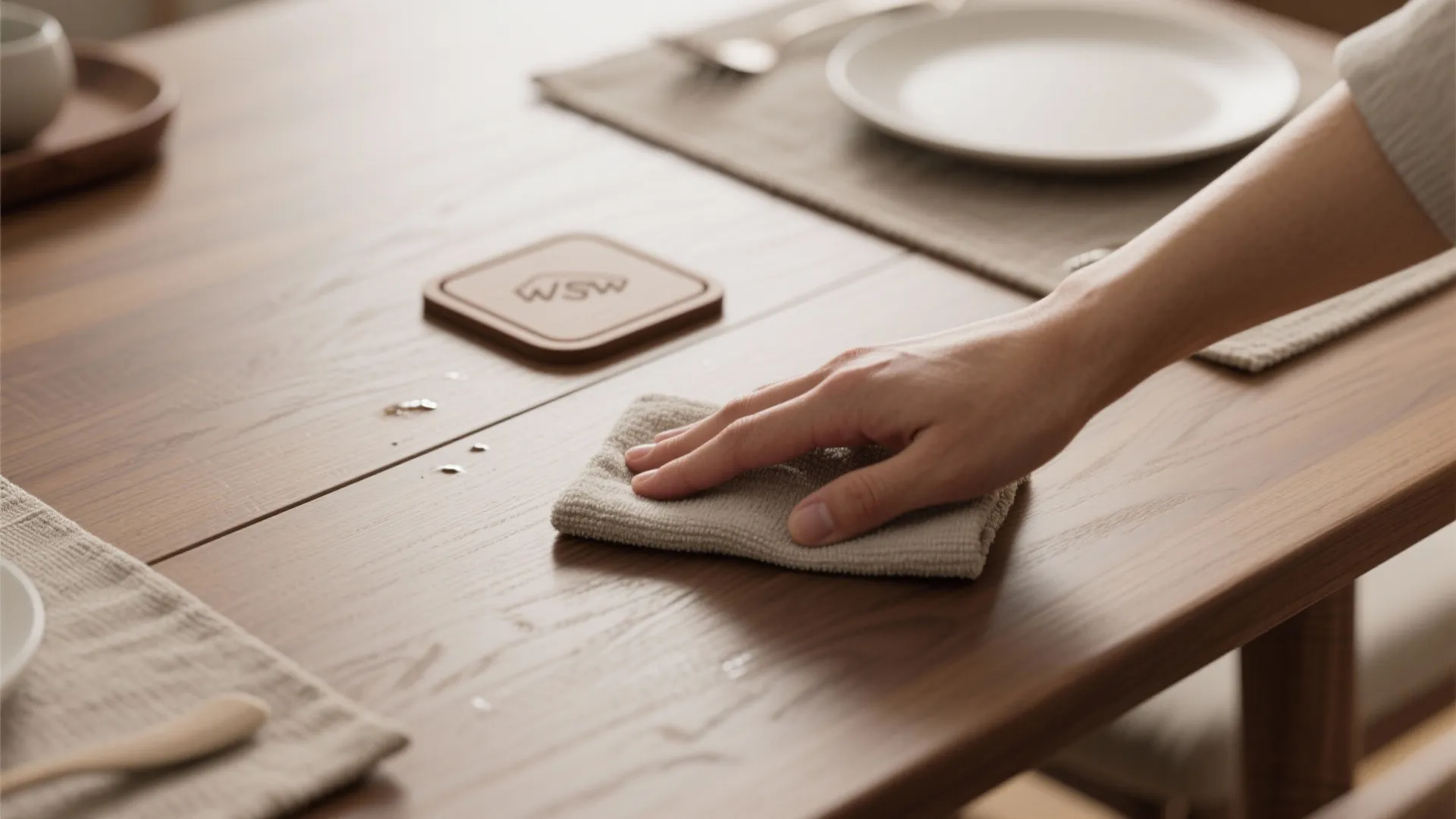 Close up of a hand cleaning a wooden dining table using a grey fabric cloth