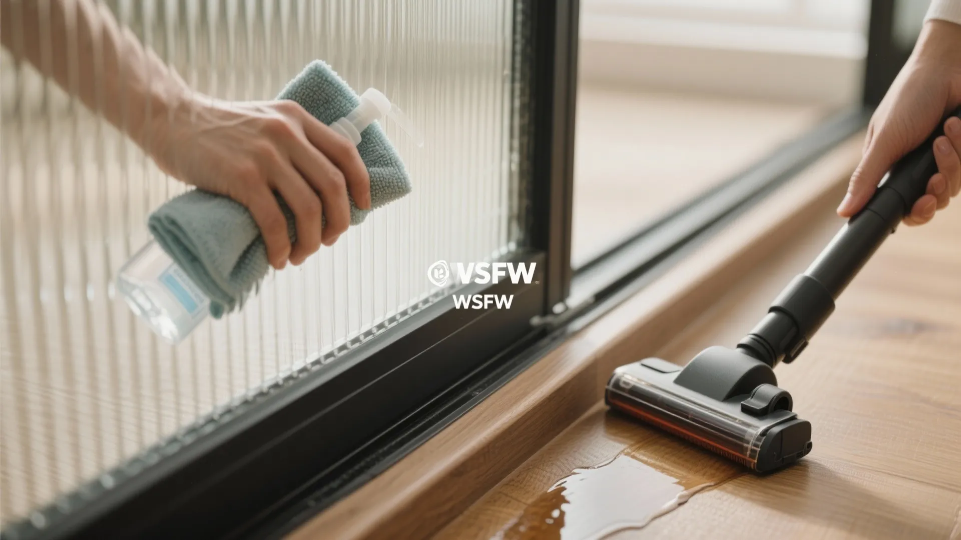 Close up of person cleaning glass with cloth and vacuuming wooden floor with water spill