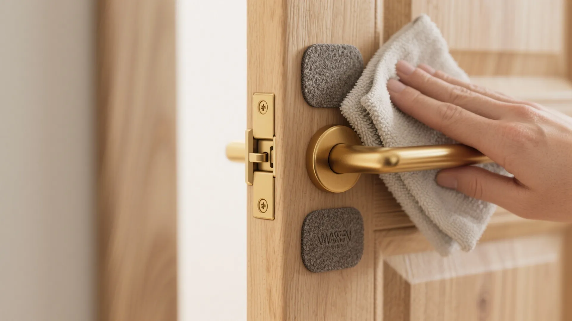 Person cleaning a gold door handle with a white cloth on a light wooden door