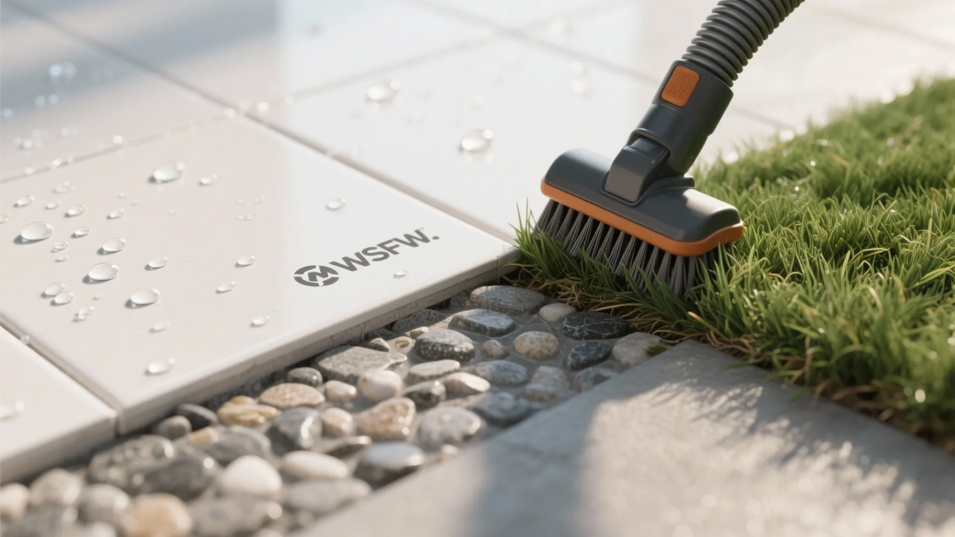 Macro details of porcelain beads, composite brushing, resin surface, and turf grooming tools.