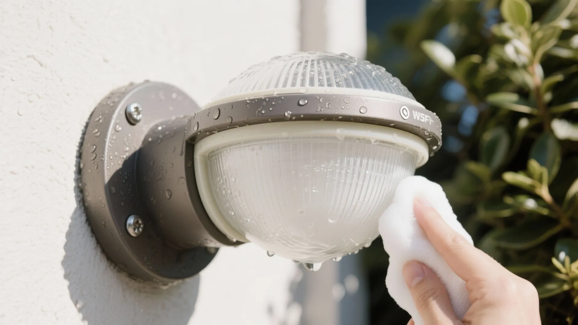 Macro of cleaning a frosted lens with intact gasket and corrosion-resistant screws on an outdoor light.