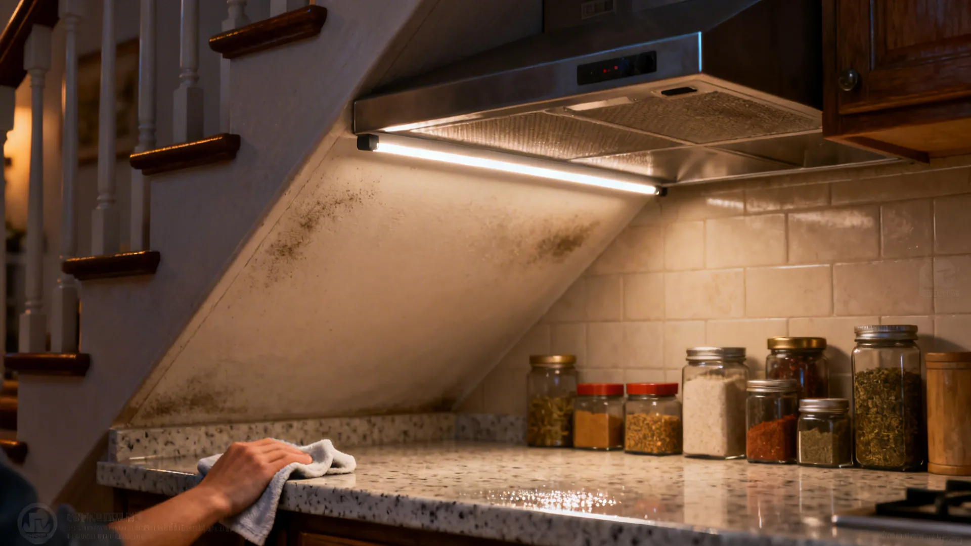 Macro of dusting under-stair hood area and warm CRI 90+ LED lighting details.
