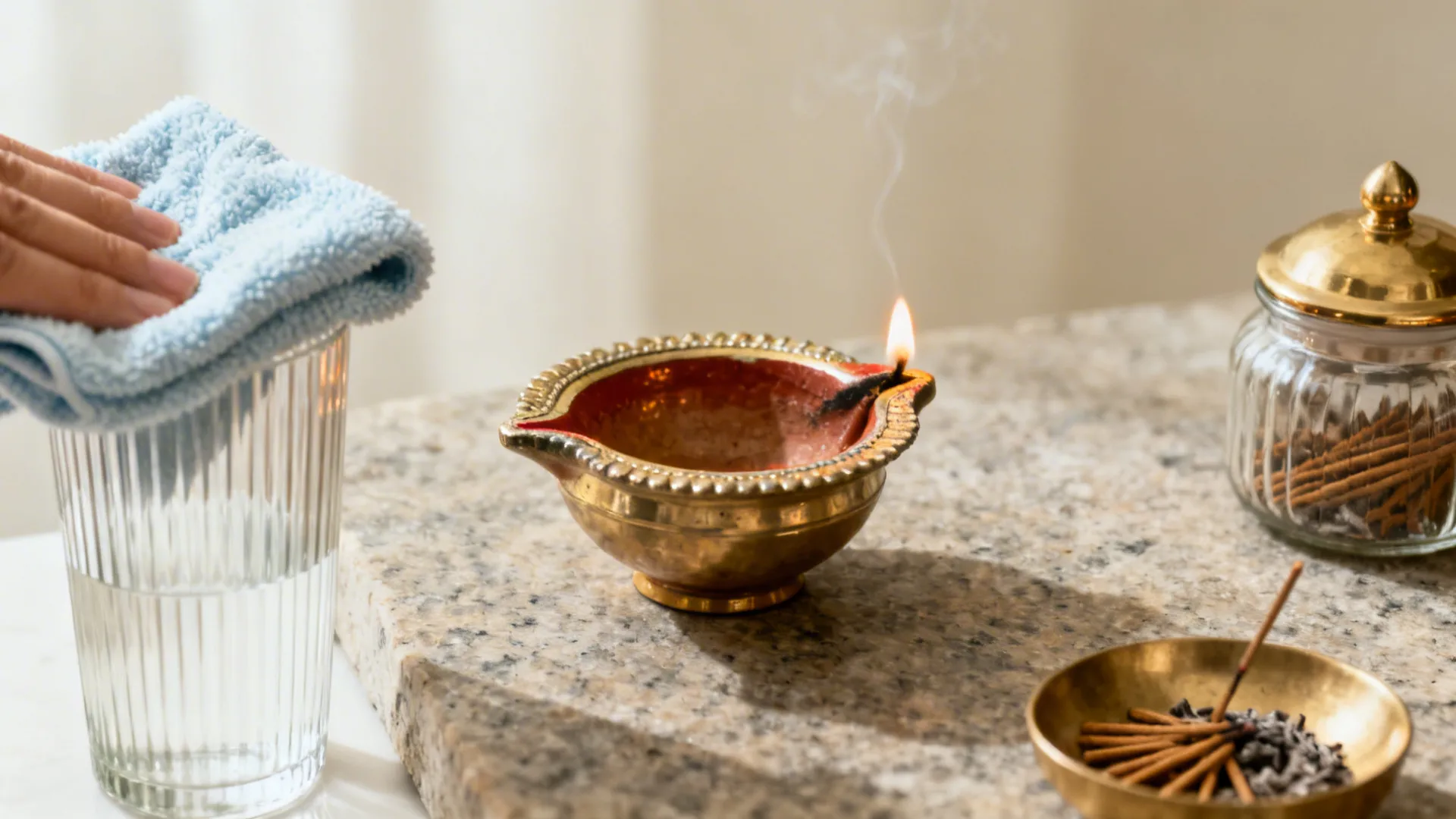 Cleaning a glass with a blue cloth near a lit oil lamp on stone countertop