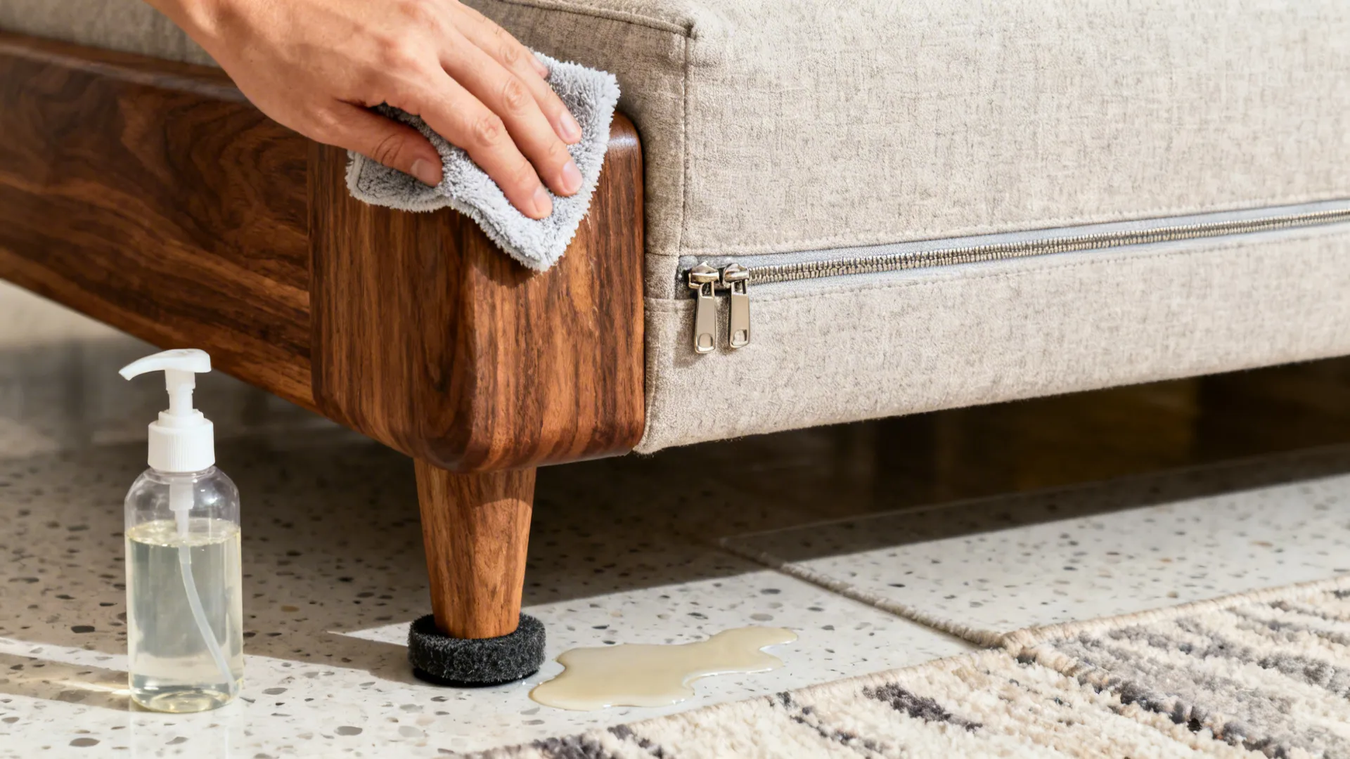 Macro details of dusting a walnut armrest, cushion zipper, and felt glide under a leg.
