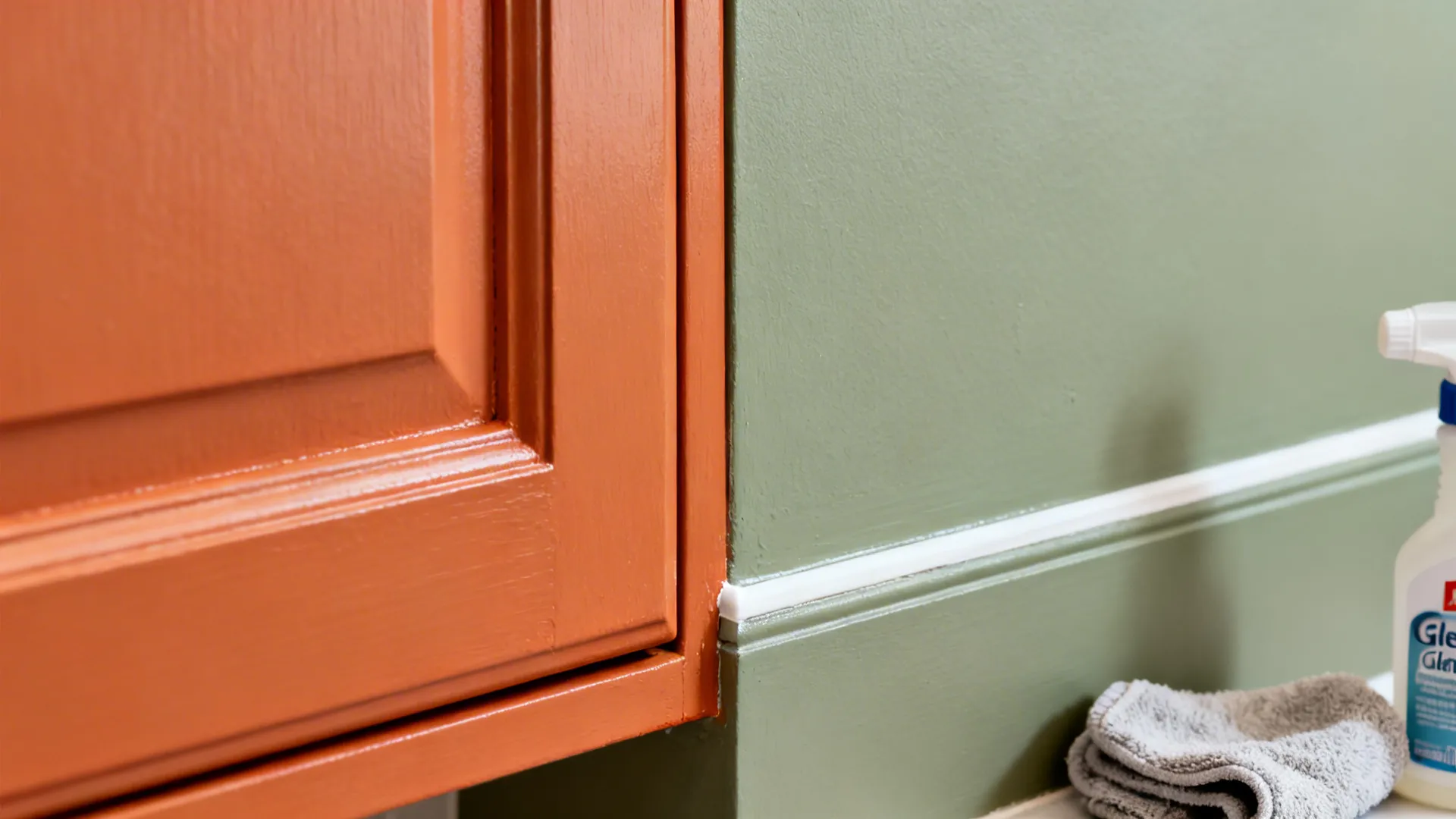 Macro of orange cabinet enamel edge meeting a sage wall with a crisp caulk line.