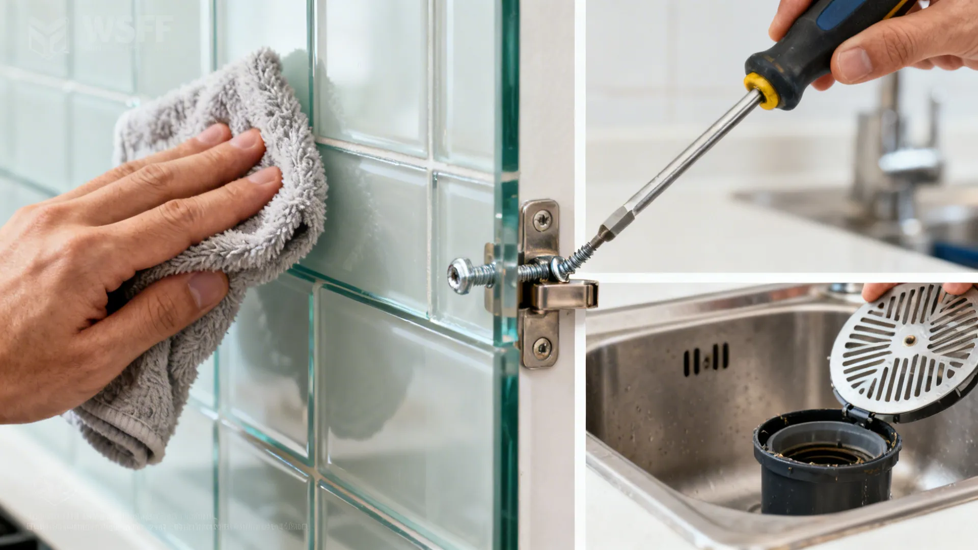 Macro views of wiping glass, tightening a hinge, and removing a baffle filter for cleaning.