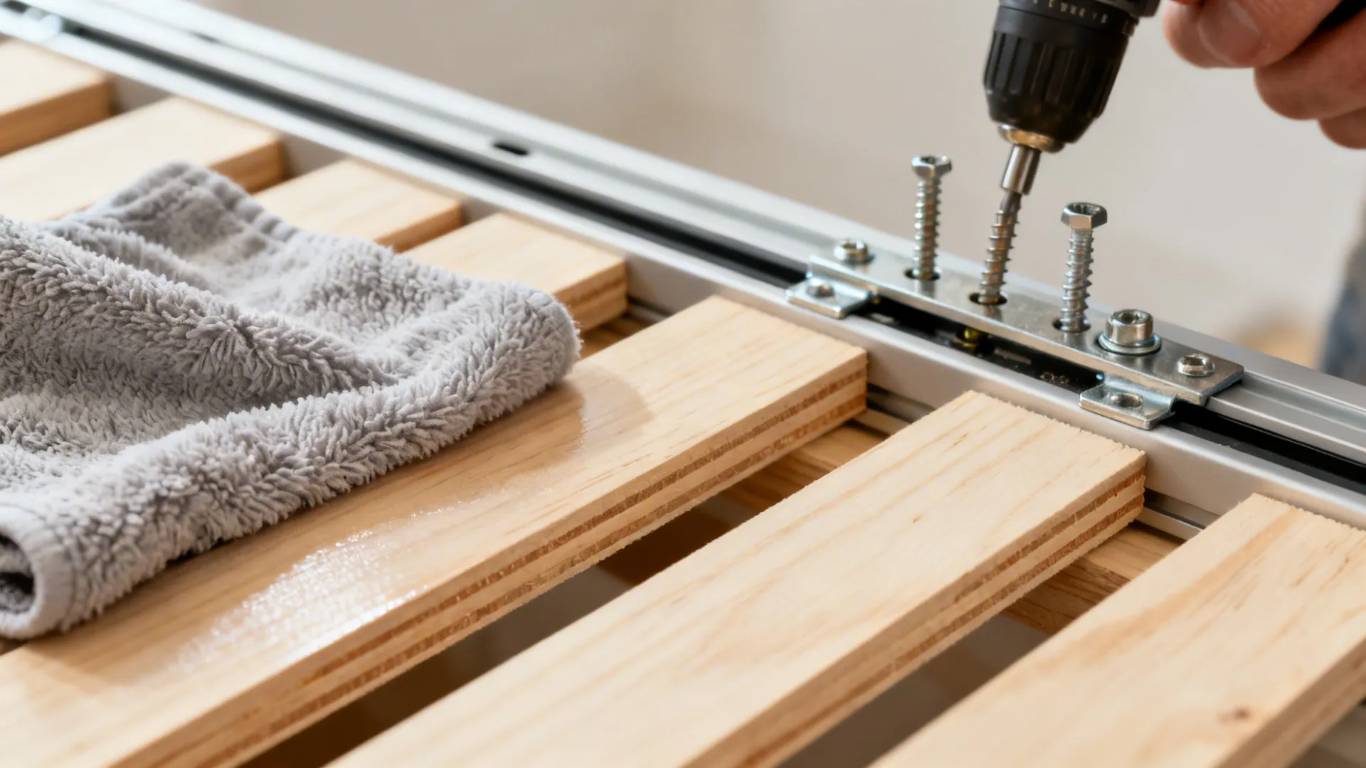 Macro of wiping plywood slats with a cloth and tightening track hardware for long-term upkeep.
