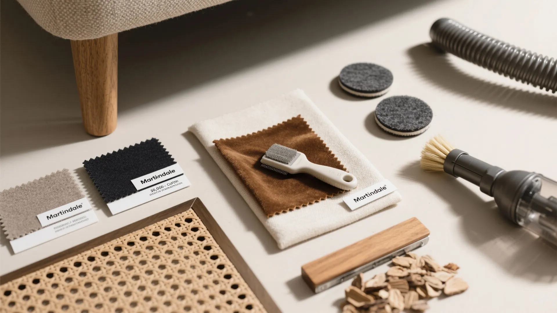 Flat lay of performance fabrics, cane, hardwood, felt pads, and care tools.