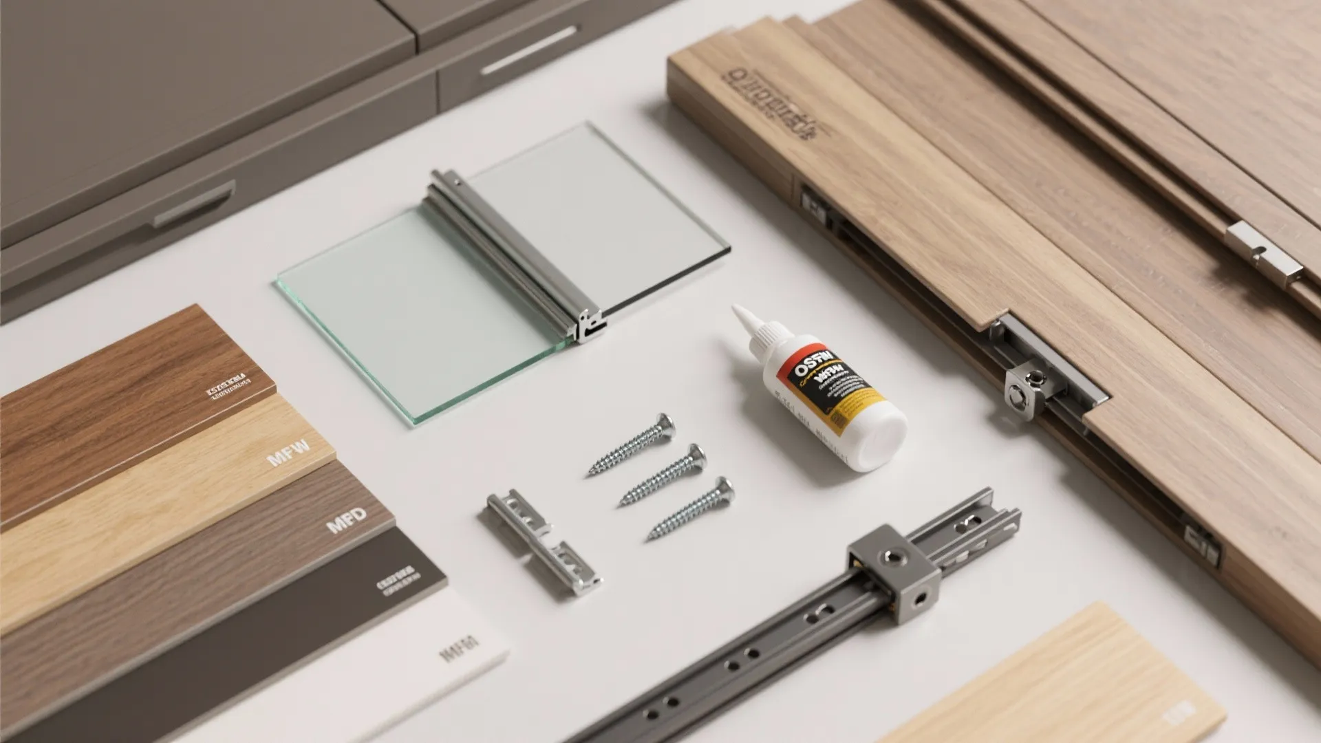 Collection of cabinet building materials including wood samples glass panel screws glue and metal tracks