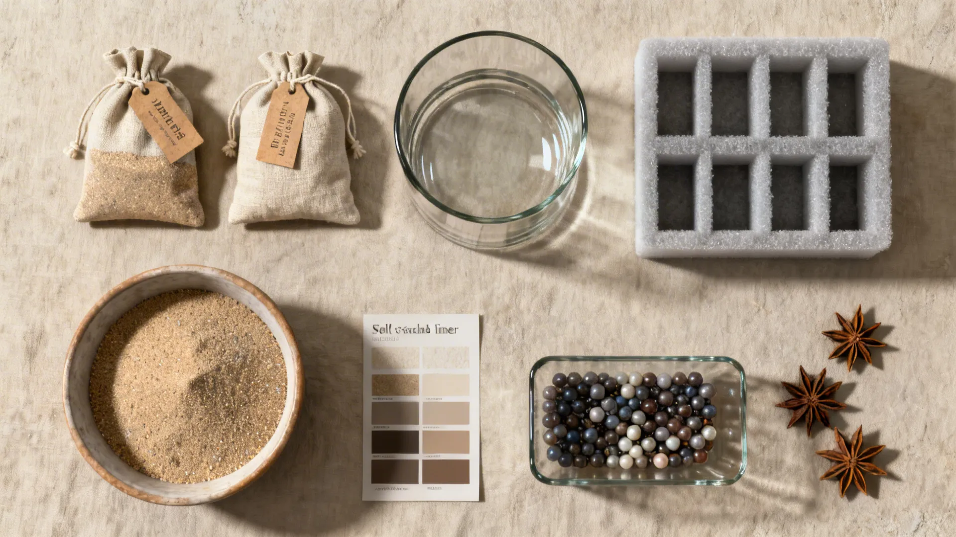 Top view of home maintenance materials including sand water small bags color palette and beads