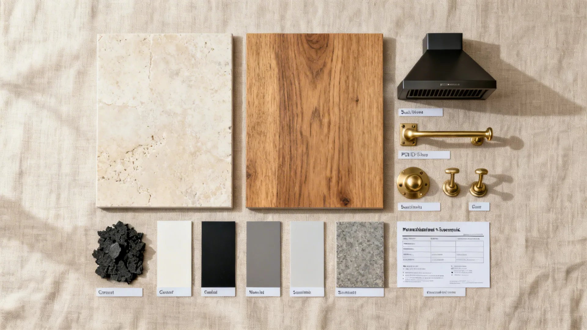 Interior design mood board with stone slab wood board black vent hood and gold handles