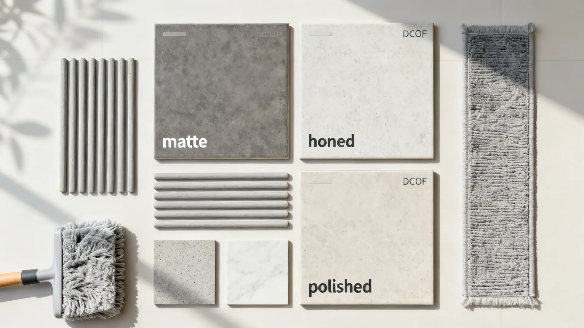 Top-down board of tile finishes, grout samples, and cleaning tools.