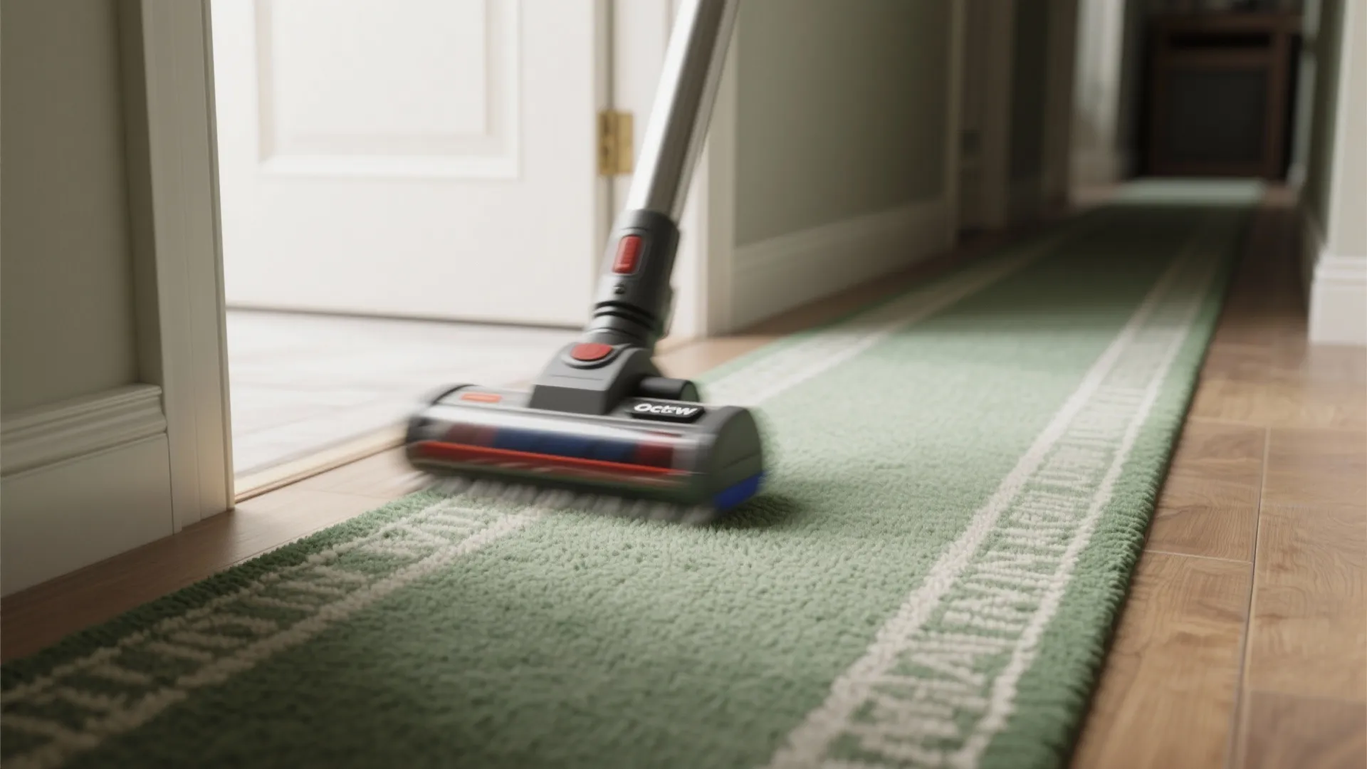 Vacuum head on carpet and a protective runner in a hallway illustrating maintenance practices.