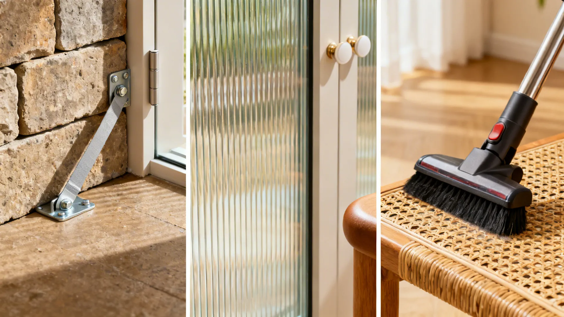 Images showing a wall safety strap glass door handles and vacuum cleaning a woven chair