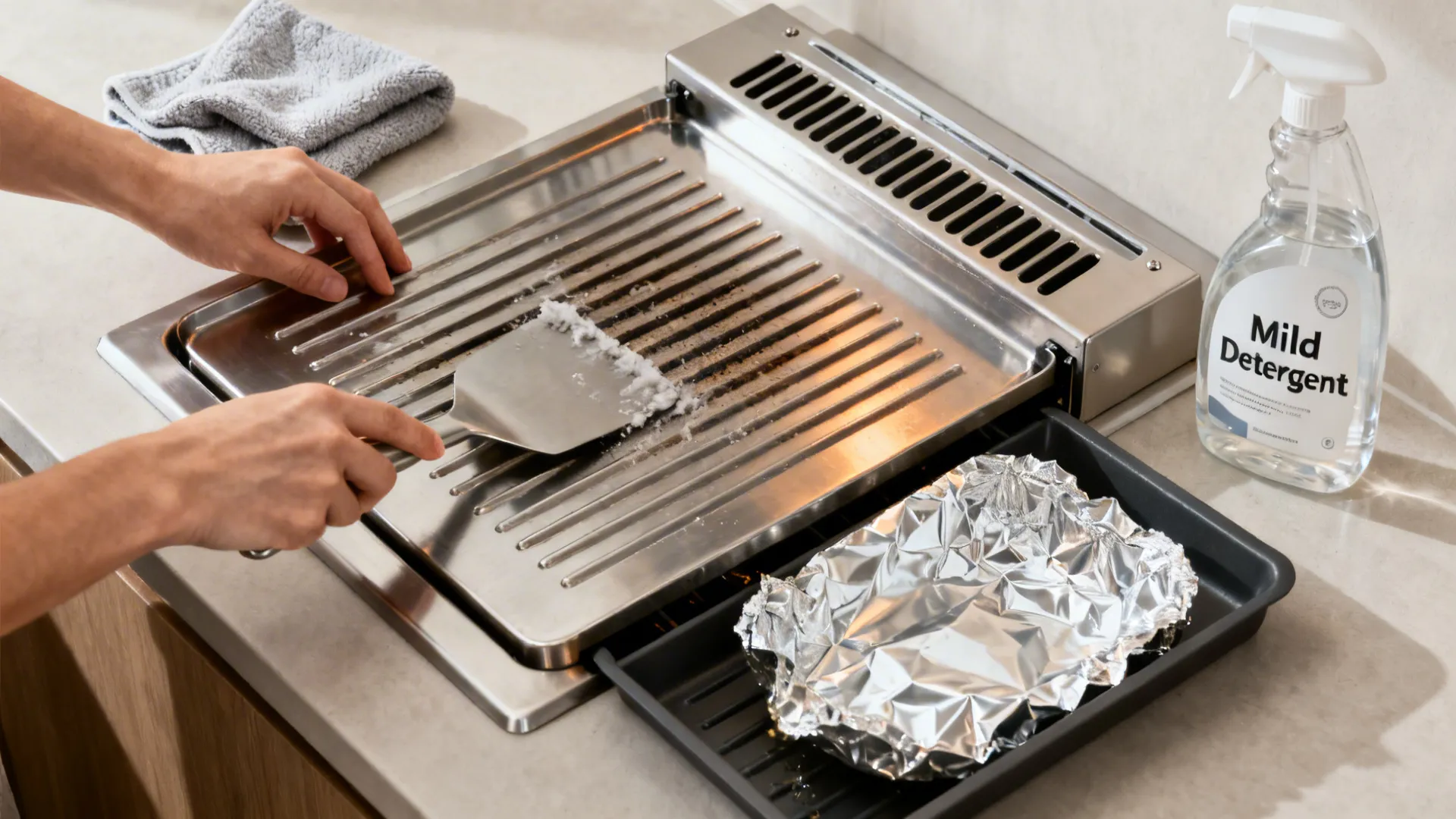 Top-down view of a grill cleaning routine with scraper, microfiber cloth, and foil-lined drip tray.
