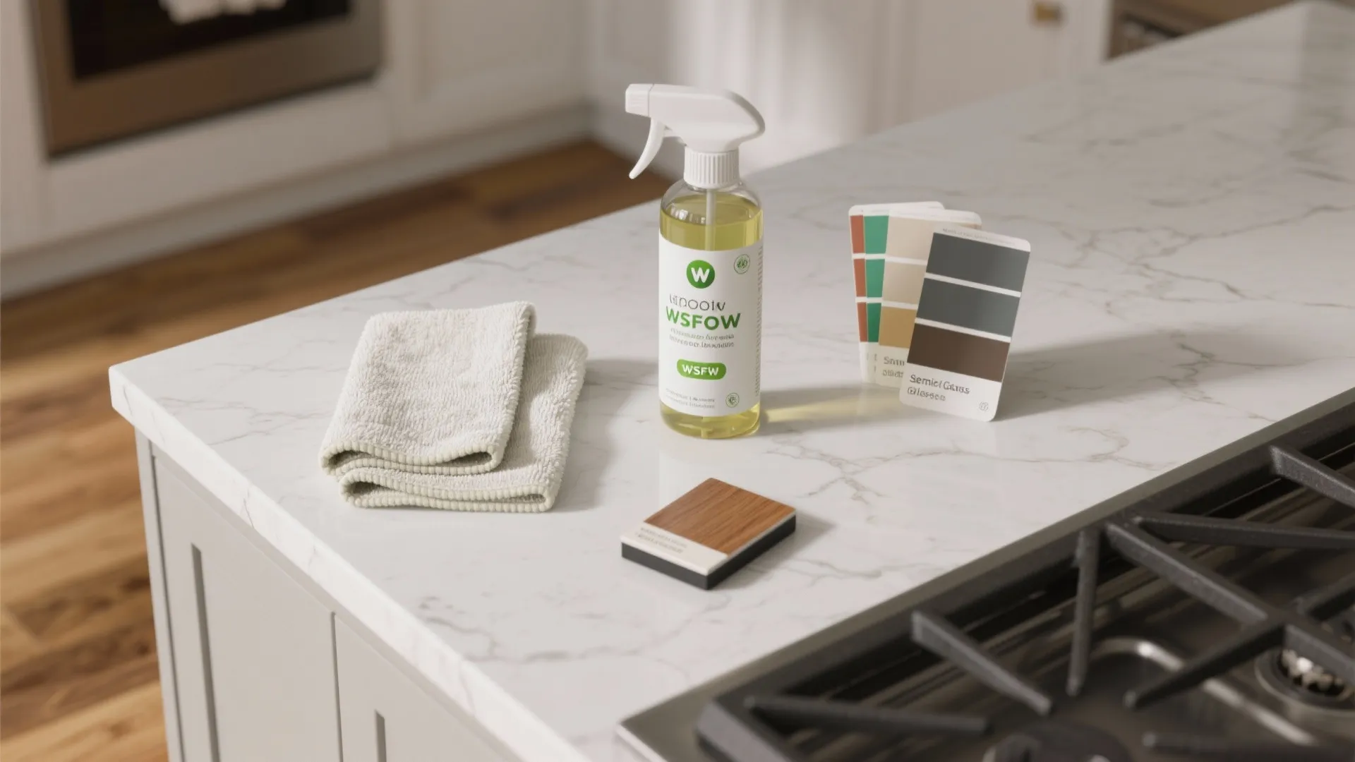 Cleaning spray bottle white towel wood sample and color cards on a white marble kitchen counter
