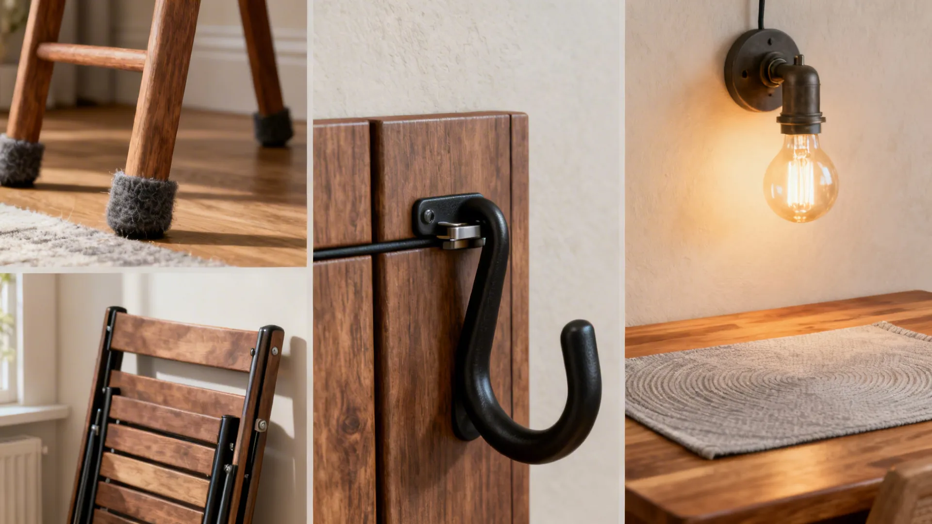 Collage showing chair leg protectors, folded furniture, a wall hook, and a simple wall light