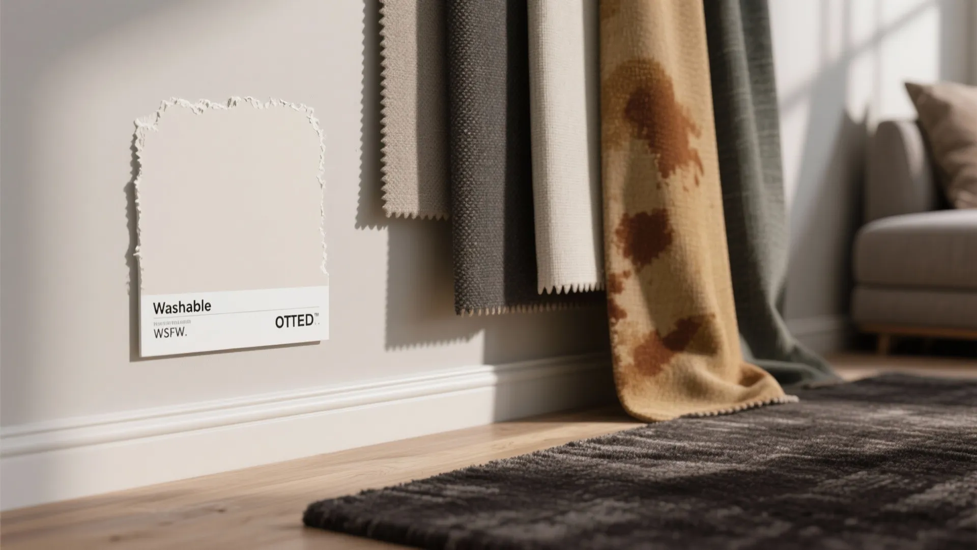 Paint color sample labeled washable on wall with hanging fabric swatches and a dark rug